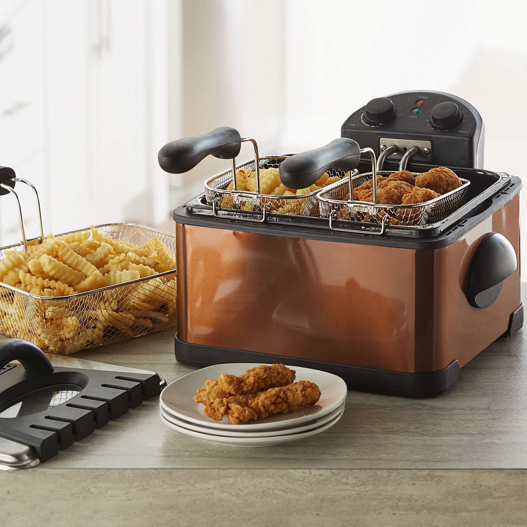 BrylaneHome 4.2 Quart Copper Gold Triple Basket Deep Fryer - Perfect for Frying Chicken, Fish, French Fries & More at Home Parties