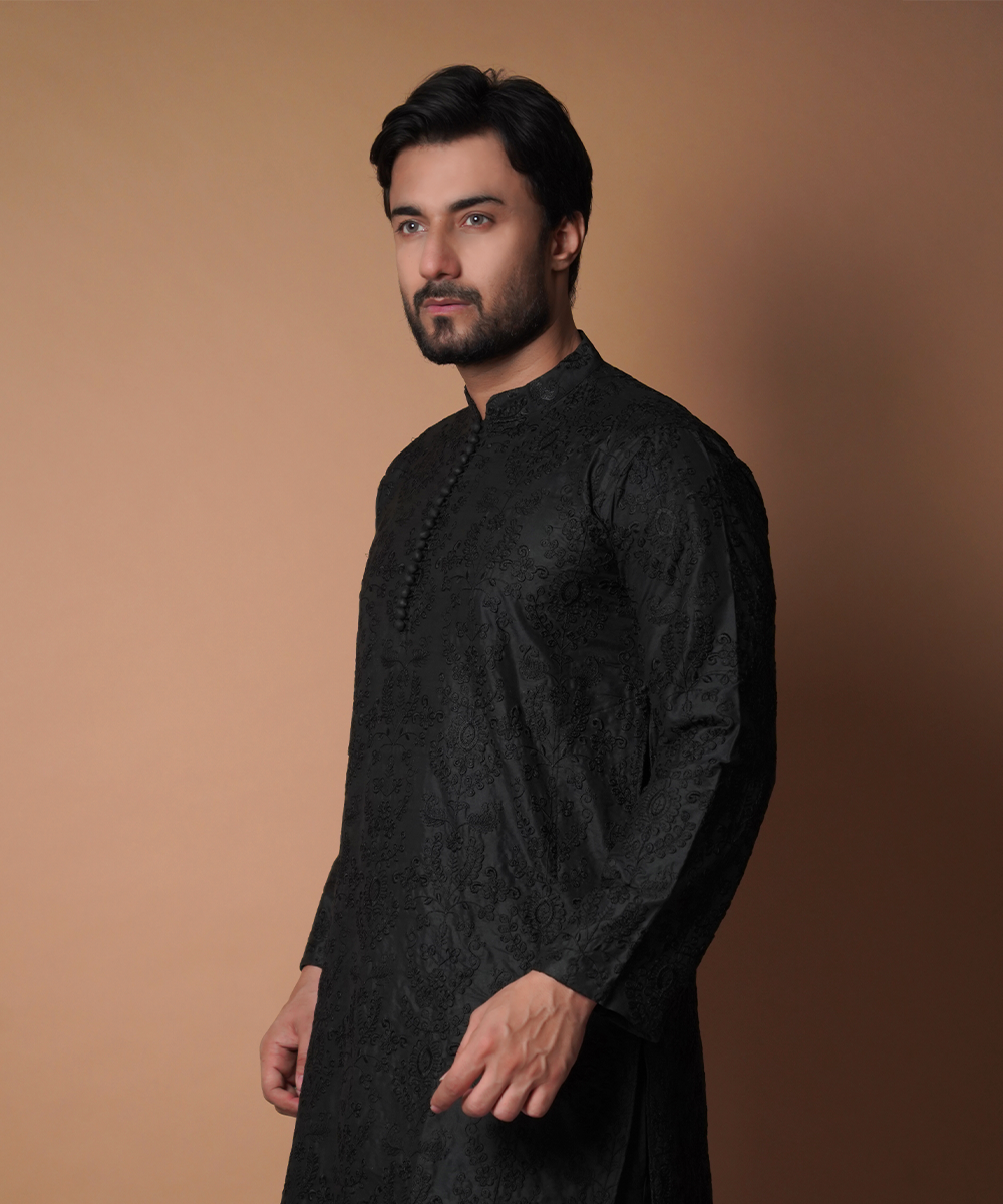 Stylish Matte Black Embroidered Kurta Pants Set for Men | Traditional Indian Ethnic Wear | Perfect for Weddings, Festivals & Special Occasions