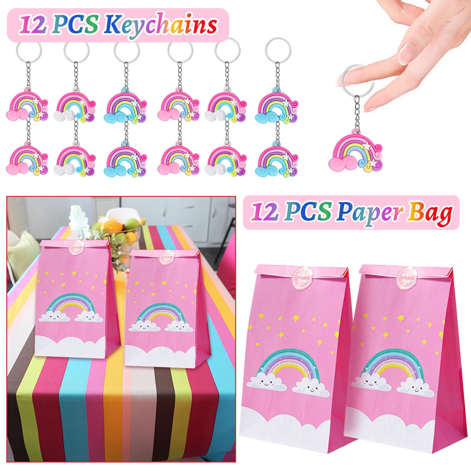 110-Piece Rainbow Party Favors Set - Slap Bracelets, Button Pins, Stickers, Temporary Tattoos & Key Chains - Perfect for Kids Birthday Parties, Baby Showers & Unicorn Themed Celebrations - Includes Gift Bags & Decorations for Boys & Girls