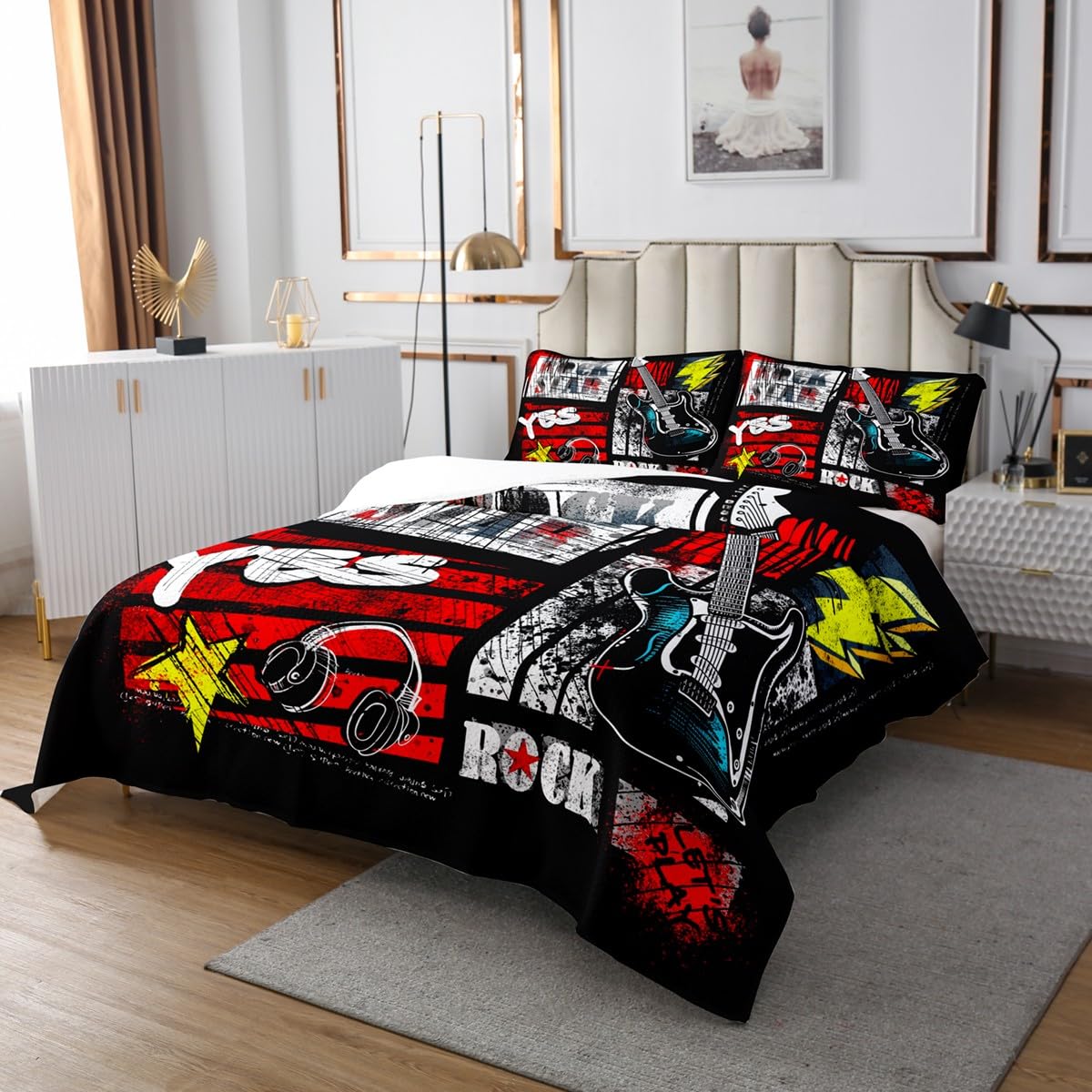 Manfei Rock Roll Twin Size Bedspread Set - Guitar & Headset Print Quilted Coverlet with Pillowcase | Music Themed Oversized Bedding for Kids & Teens | Perfect for Boys/Girls Bedroom Decor, Music Lover Gifts & Dorm Room Essentials