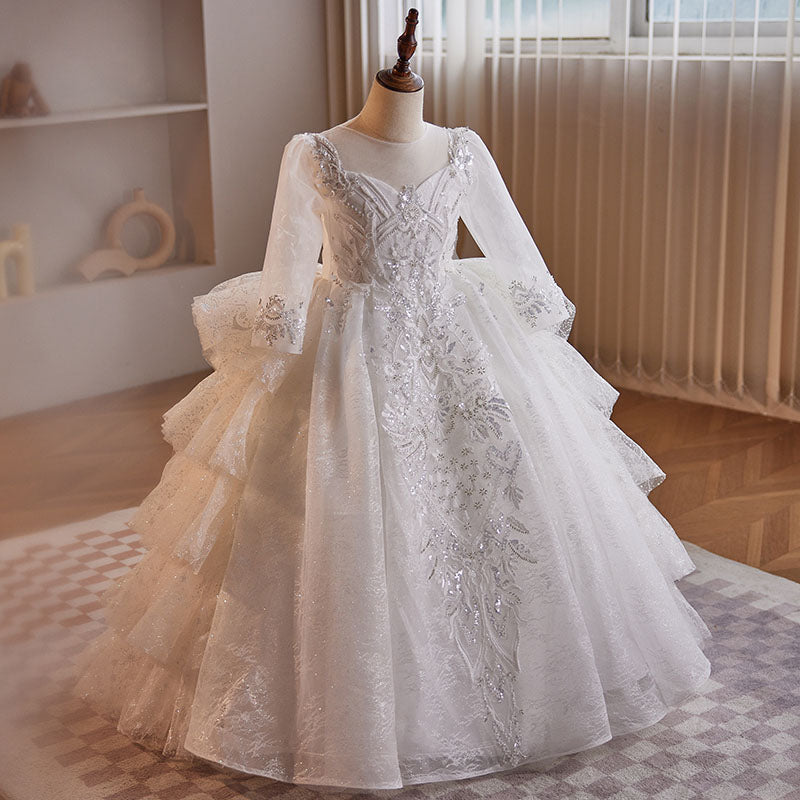 Sparkly Sequin Princess Dress for Flower Girls - Elegant Tulle Collar Birthday Party Gown | Perfect for Weddings, Pageants & Special Occasions