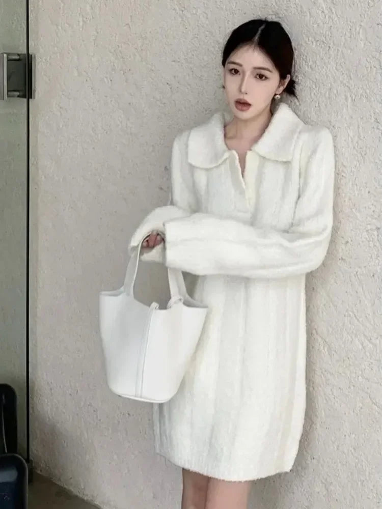Vintage Y2K Knitted Sweater Dress for Women - Warm Winter Mini Dress with Long Sleeves in White | Elegant Fall & Winter Outfits, Party Wear, Casual Office Fashion