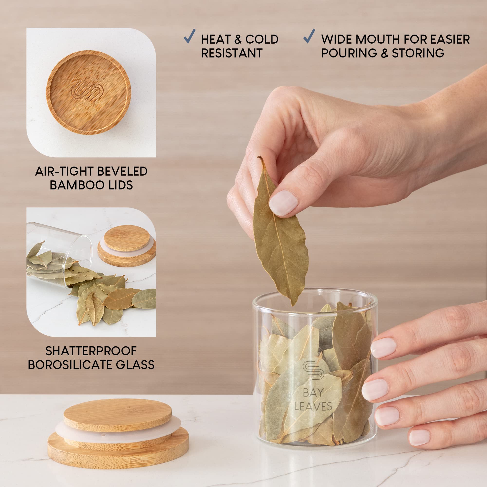 12-Piece Glass Spice Jars with Bamboo Lids - 5 oz Airtight Storage Containers for Kitchen Pantry Organization | Stackable Shatterproof Canisters for Herbs, Spices, Candy & Dry Food | Perfect for Home Cooking, Baking & Meal Prep