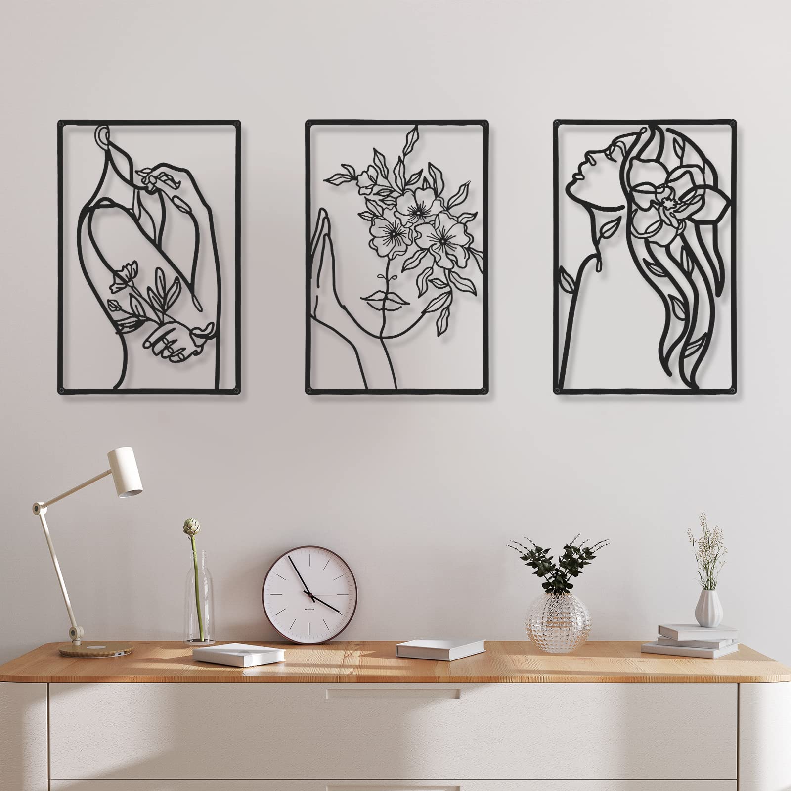 Minimalist Abstract Line Drawing Wall Art - 3 Piece Metal Woman Silhouette Decor for Living Room, Kitchen, Bathroom | Modern Home & Office Wall Decor for Women