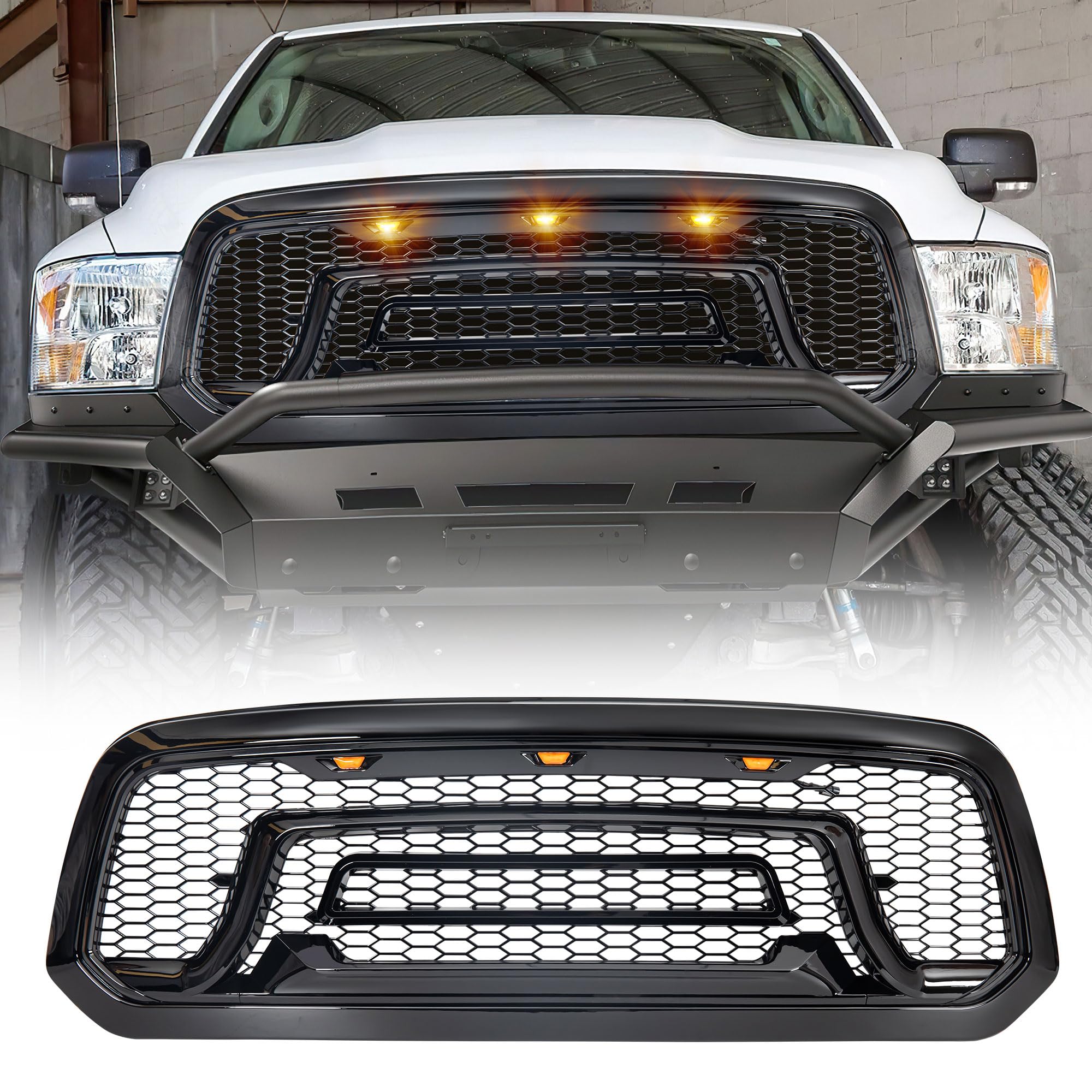AMERICAN MODIFIED Front Grille Replacement for 2013-2018 Dodge Ram 1500 | Glossy Black Truck Grill with Amber LED Lights | Perfect for Off-Roading & Custom Truck Upgrades