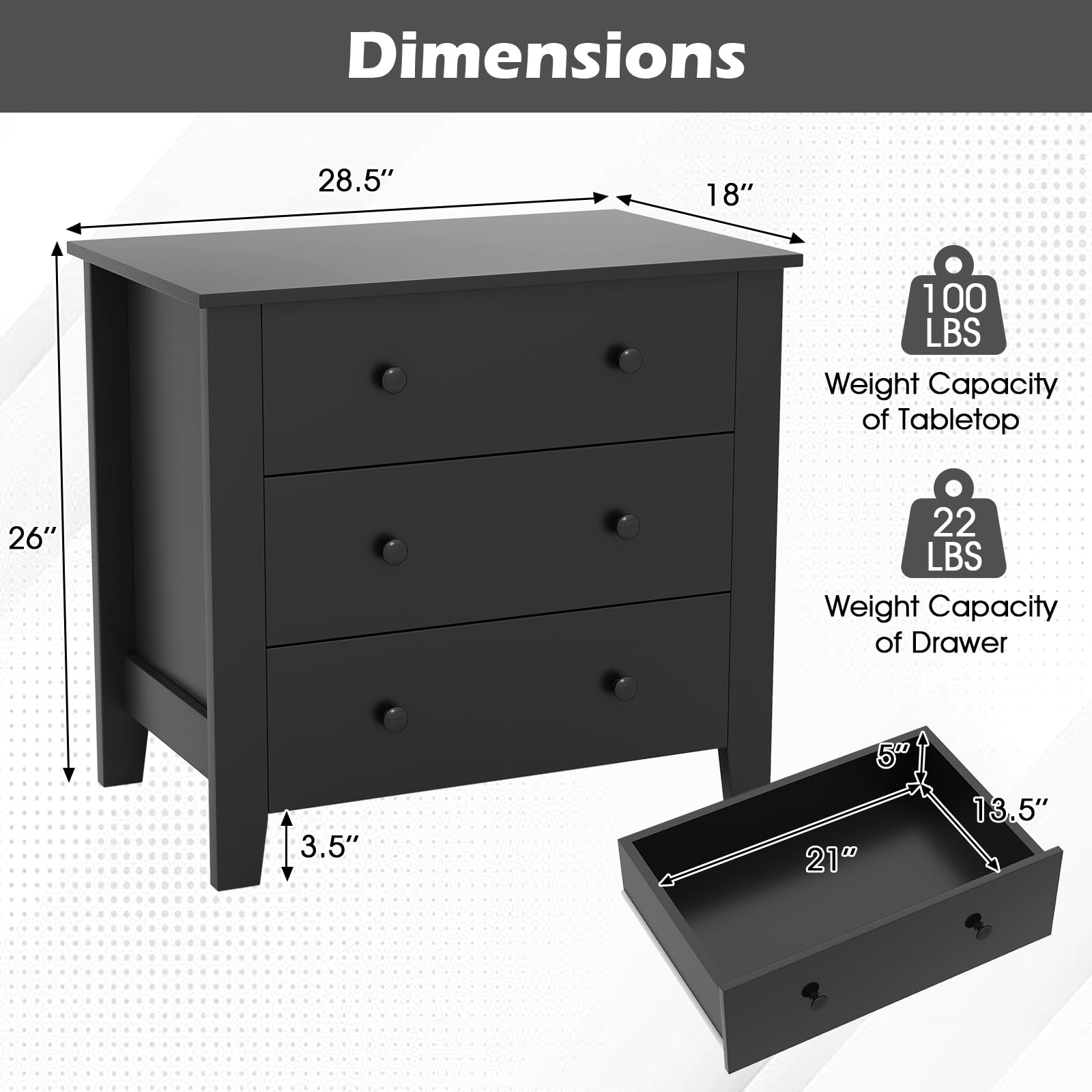 Giantex 3-Drawer Dresser for Bedroom - 28.5