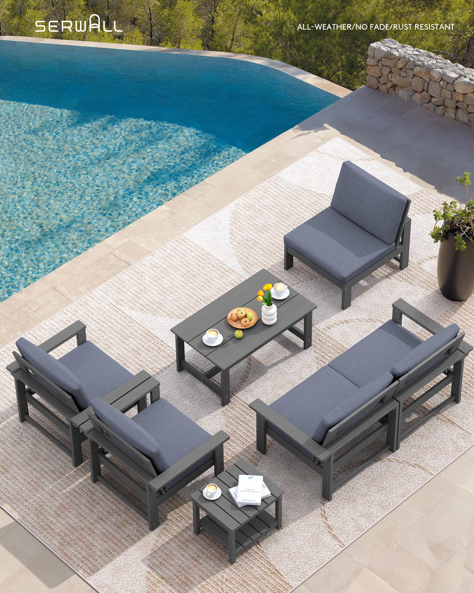 SERWALL 6-Piece HDPE All-Weather Outdoor Patio Furniture Set - Grey Sectional Couch with Cushions for Deck, Garden, Backyard & Poolside Relaxation | Durable Conversation Set for Lawn, Porch & Outdoor Living Spaces