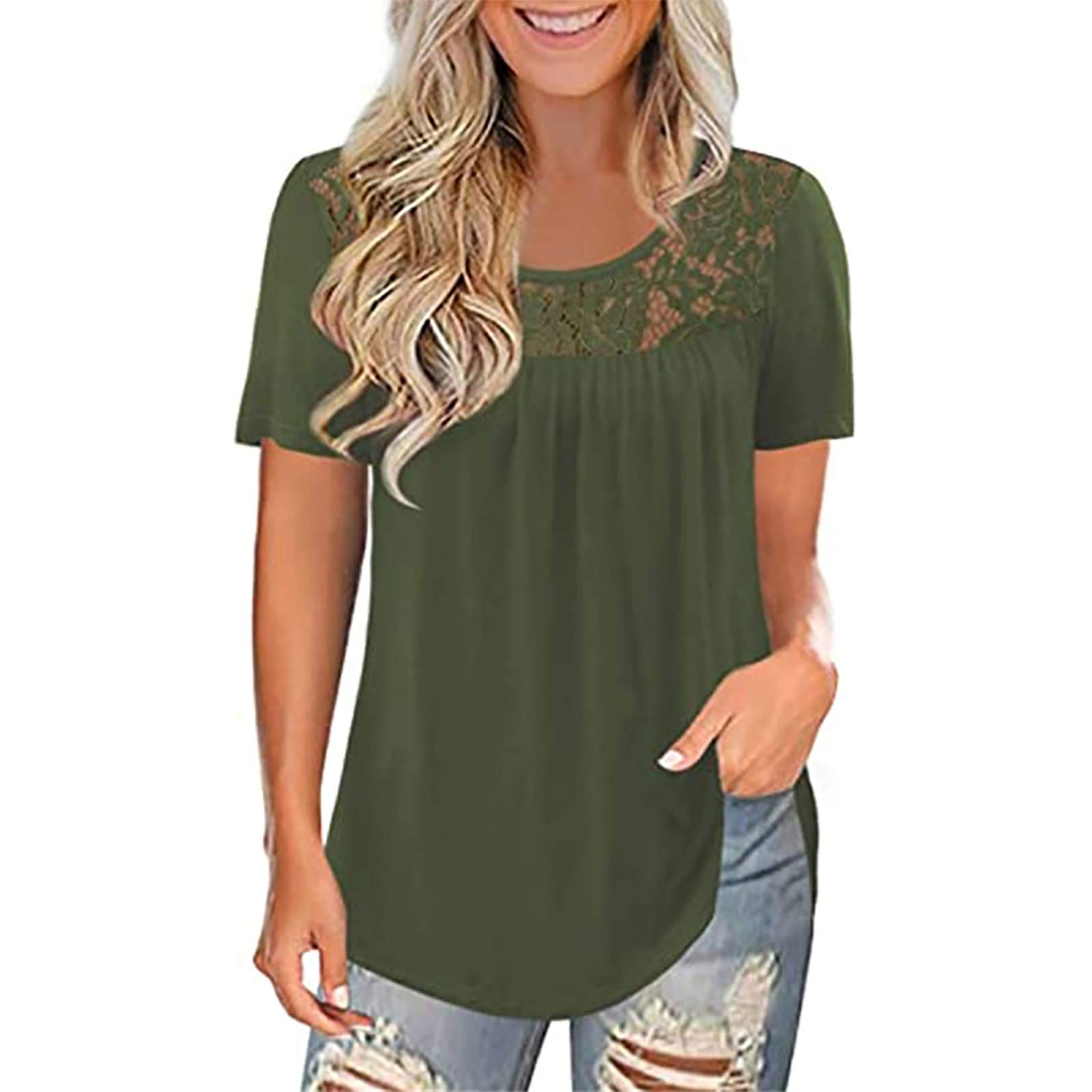SXAURA Women's Plus Size Casual Summer Tops - Short Sleeve Lace Pleated Tunic Blouse for Women | Perfect for Beach Outings, Date Nights & Office Wear