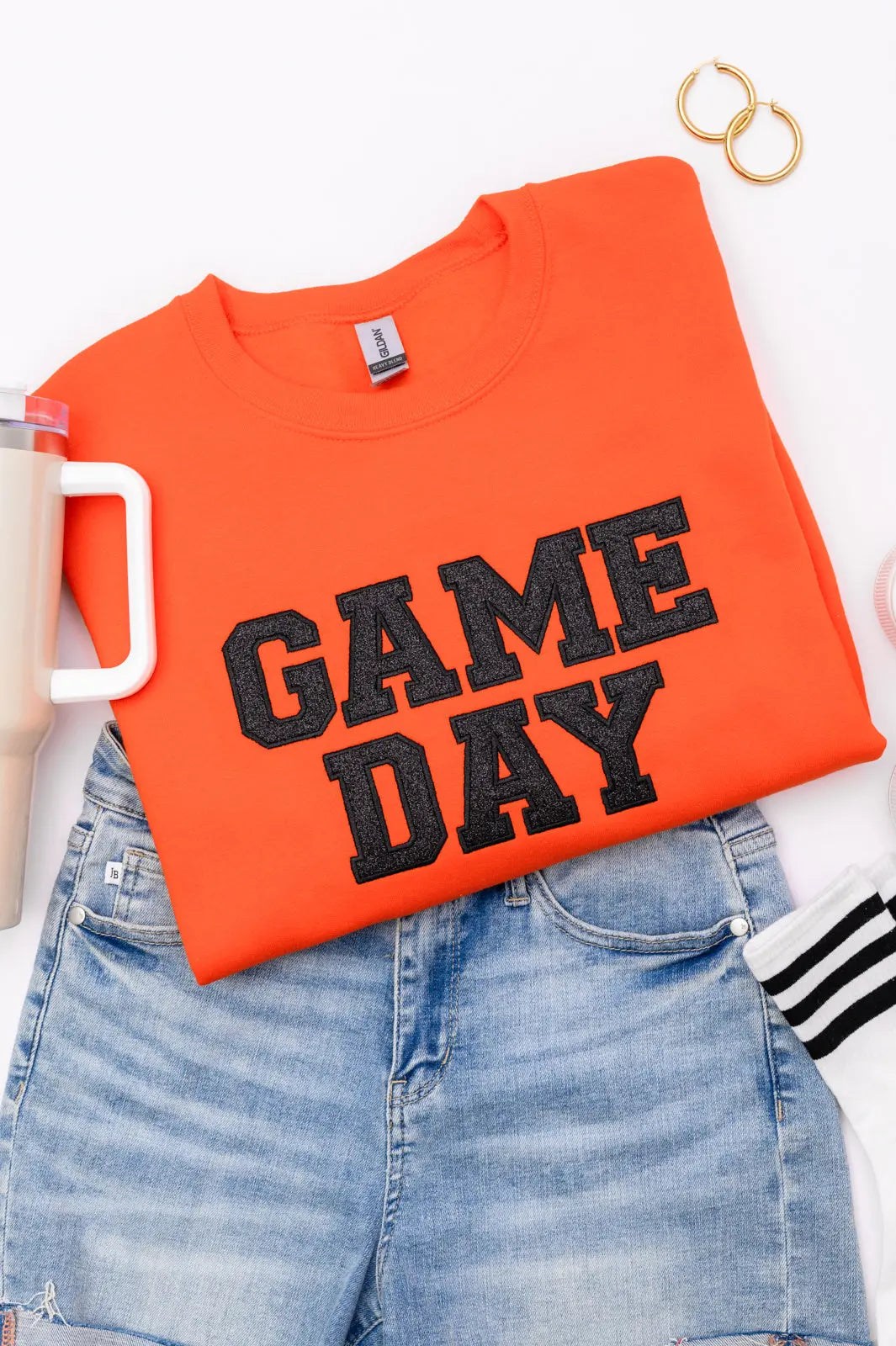 PREORDER: Embroidered Glitter Game Day Sweatshirt - Orange & Black Team Spirit Pullover | Perfect for Football Tailgates, College Parties & Sports Fan Apparel