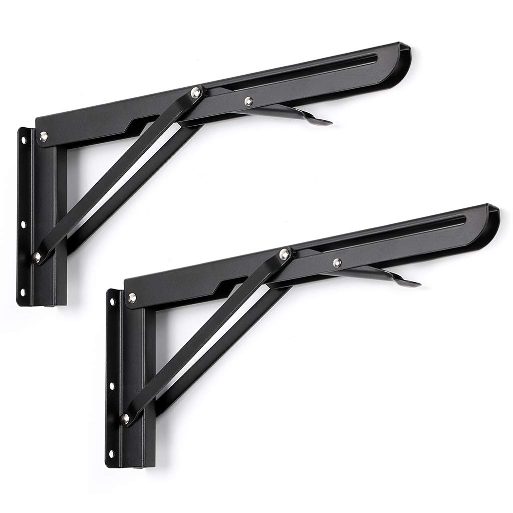 Heavy Duty Metal Folding Shelf Brackets 12 Inch - 2 Pack Black Triangle Wall Mounted Hinges for Tables, Benches & Shelves | Sturdy Support for Home, Garage & Workshop Organization