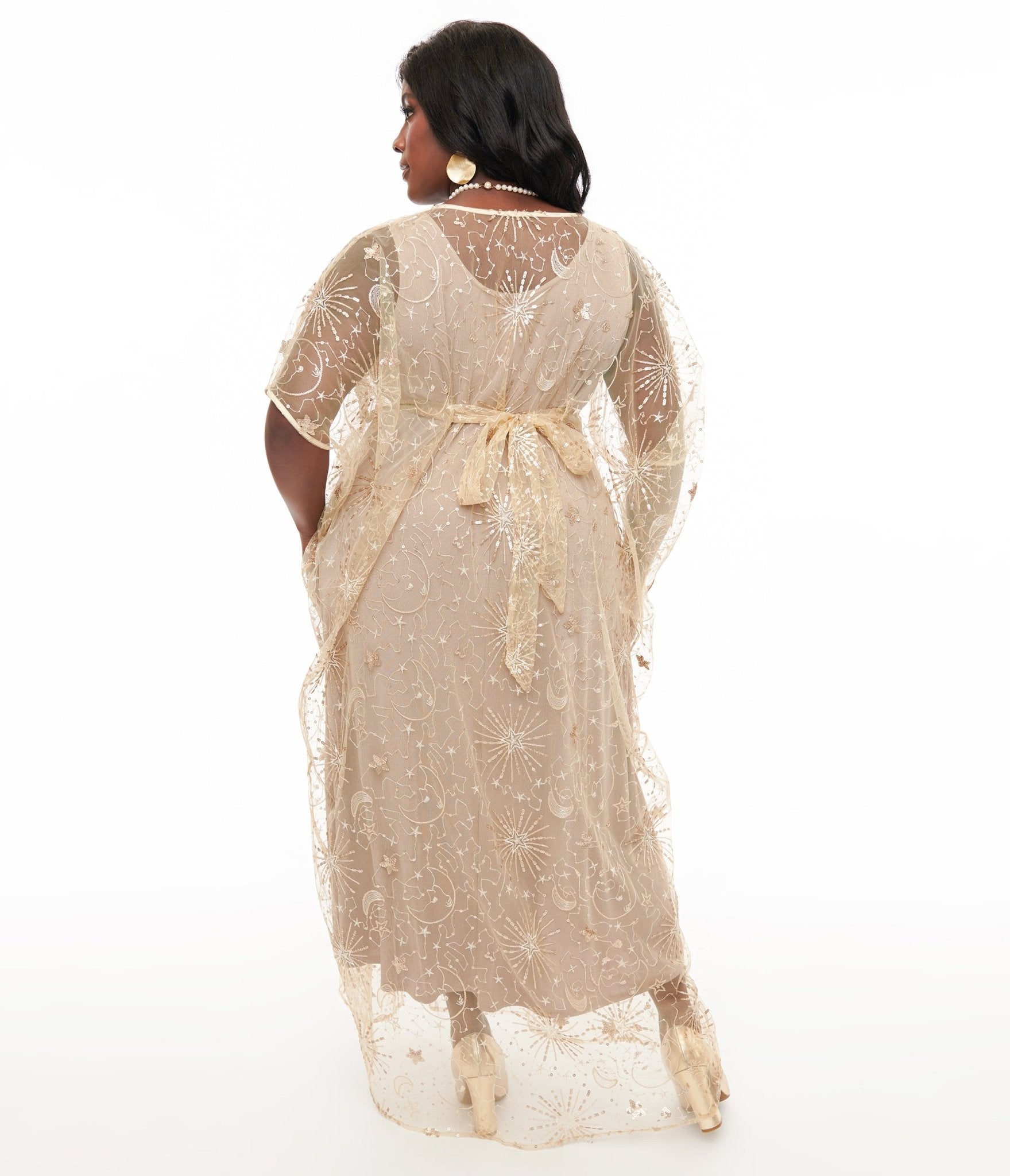 Vintage 1960s Champagne Celestial Sequin Caftan - Retro Boho Maxi Dress for Parties, Weddings & Special Occasions