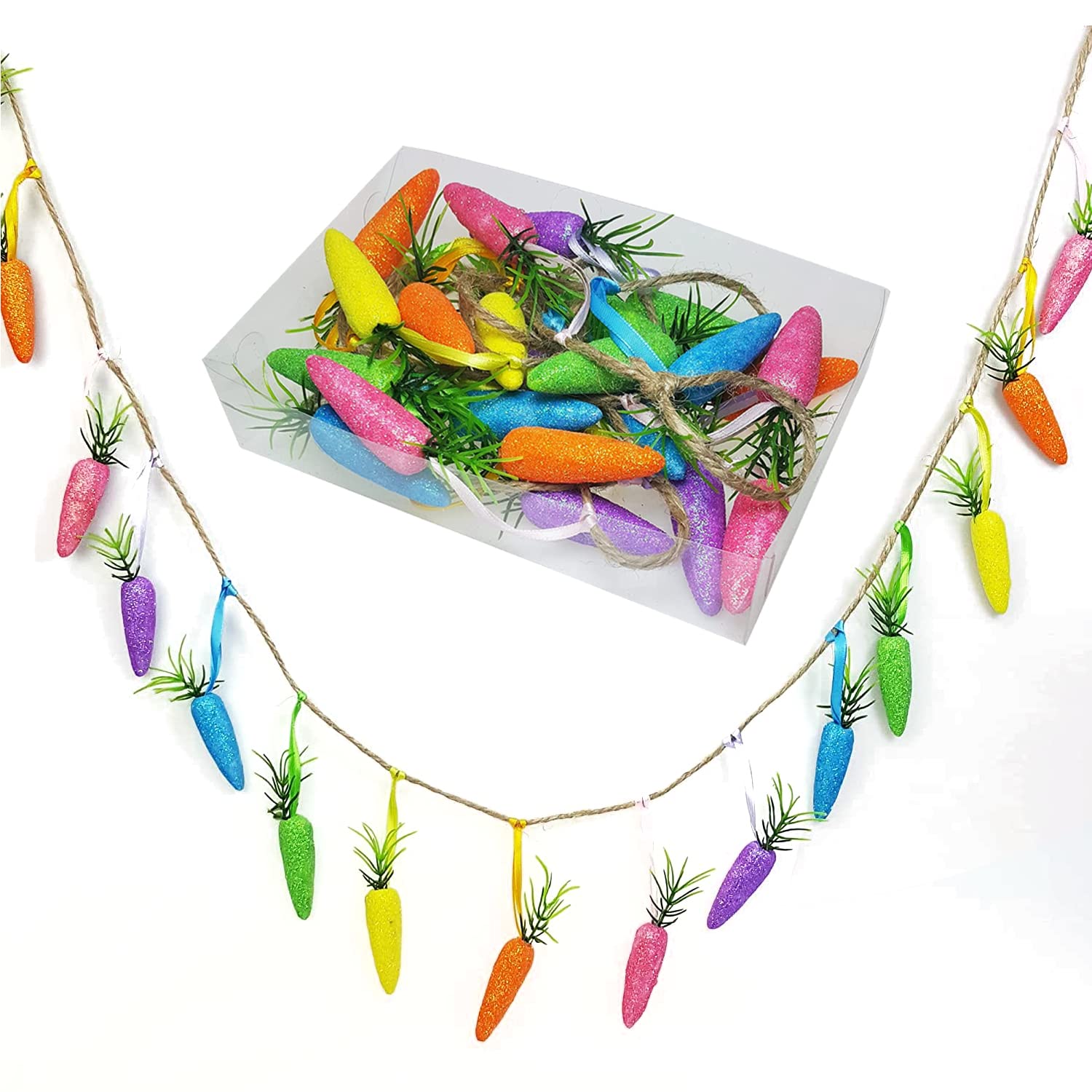 24-Pack 6FT Easter Rainbow Carrot Garland - Colorful Glitter Carrot String Decorations for Easter Party, Home, Classroom & Spring Festival (Multicolor)