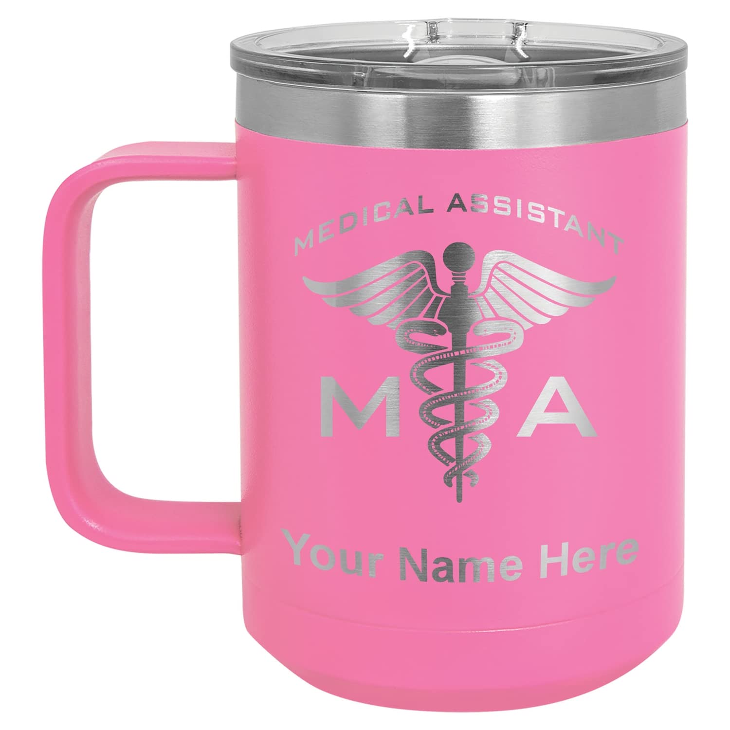 LaserGram 15oz Vacuum Insulated Stainless Steel Coffee Mug with Personalized Engraving - Leakproof Travel Tumbler for Hot & Cold Drinks - Perfect Gift for Nurses, MA Medical Assistants & Healthcare Workers (Pink) - Ideal for Office, Commuting & Outdoor Activities