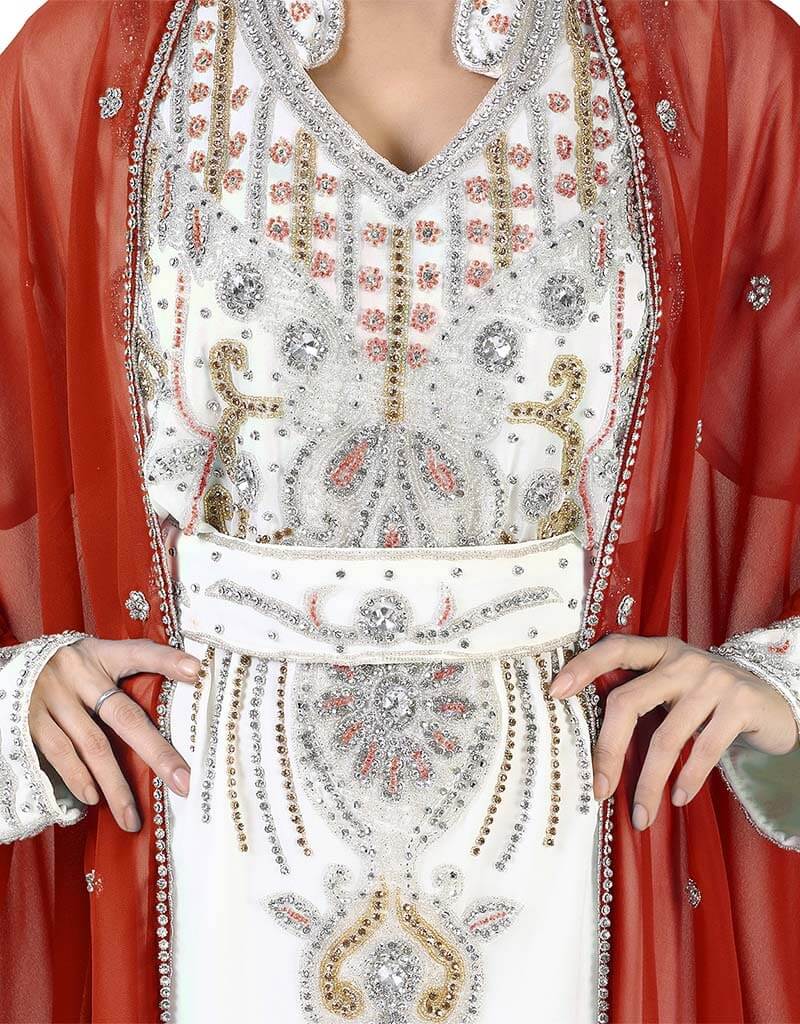 Elegant Arabic Rust Colored Embroidered Kaftan Dress for Women - Boho Chic Loose Fit Maxi Dress for Beach, Wedding & Special Occasions