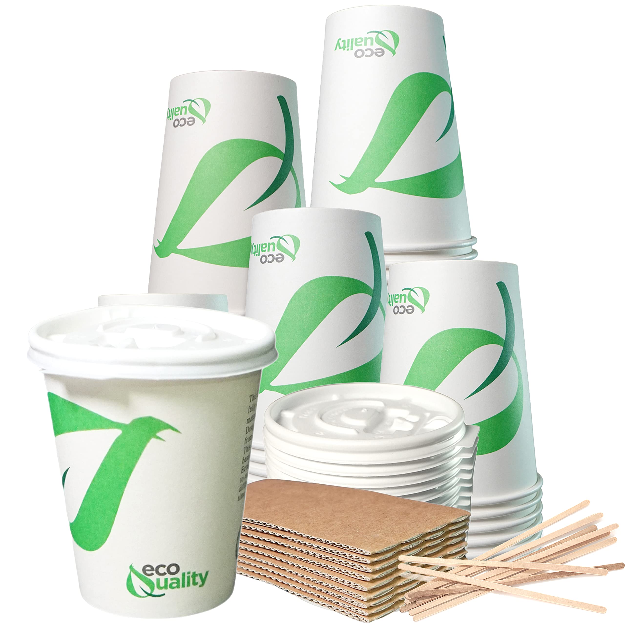 12 oz Biodegradable Compostable Paper Coffee Cups with White Flat Lids, Sleeves & Wooden Stirrers - PLA Lined Eco-Friendly Disposable Cups for Hot & Cold Beverages (300 Pack) - Perfect for Coffee Shops, Offices, Parties & Sustainable Events