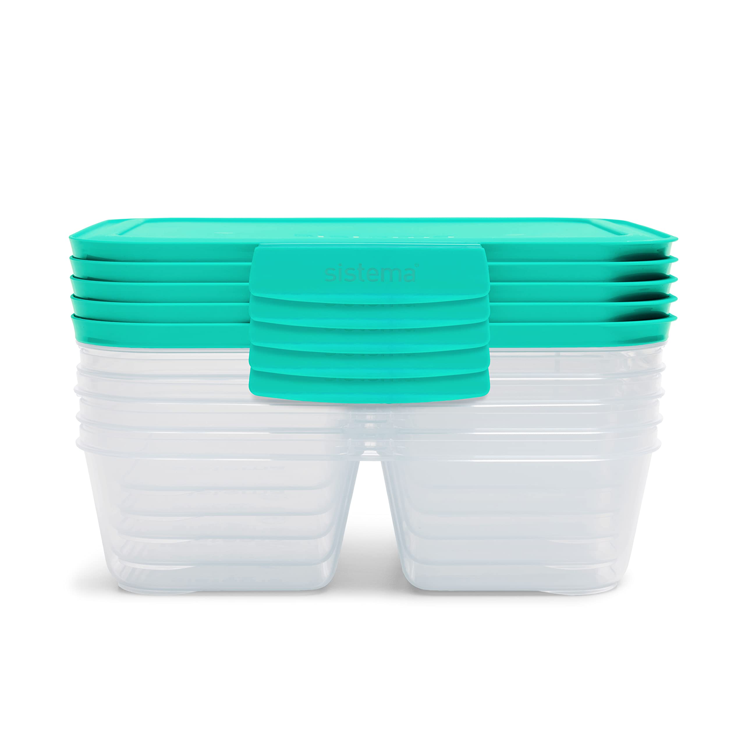 Sistema Nest It Meal Prep Food Storage Containers with Lids - 3 Compartment Bento Box Style - 5-Pack Airtight Containers for Lunch, Office & Meal Prepping - BPA-Free Plastic - Teal Color