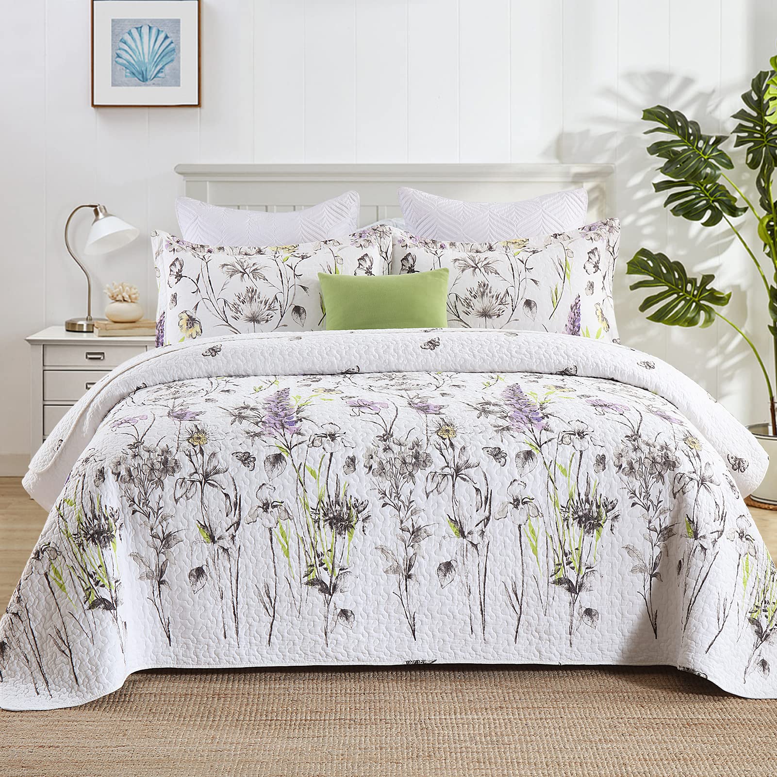 Y-PLWOMEN 100% Cotton King Size Floral Quilt Set - White Purple Lightweight Soft Bedspread for All Seasons (3-Piece) | Perfect for Master Bedroom, Guest Room & Cozy Home Decor