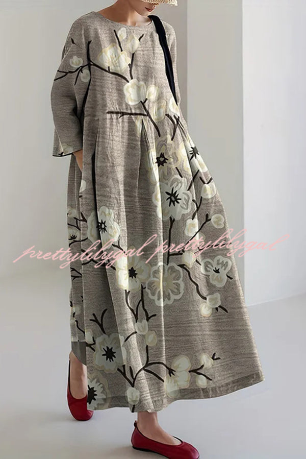 Stylish Printed Round Neck Long Sleeve Loose Maxi Dress for Women - Casual Boho Chic Flowy Dress for Beach, Party & Everyday Wear