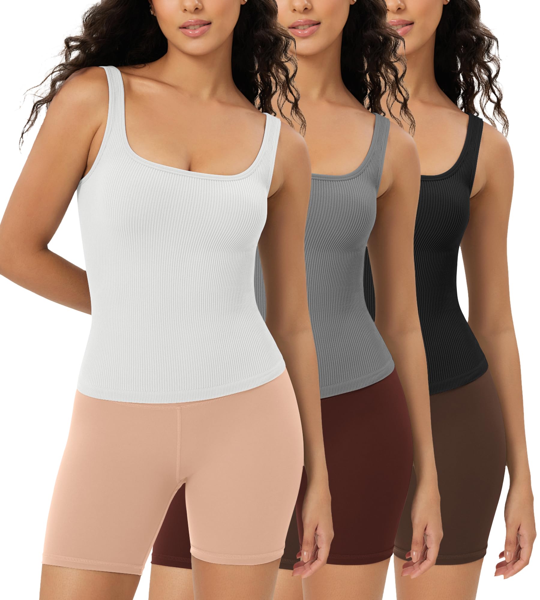 ODODOS 3-Pack Women's Seamless Square Neck Crop Tops - Ribbed Knit Soft Low Back Tank Tops for Yoga, Gym & Summer Outfits