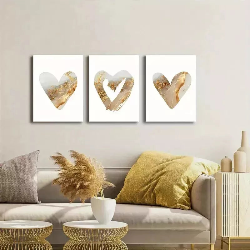 3pcs Love Heart Gold Speckled Wall Art Set - Framed Canvas 50x70cm - High Quality Print - 100% Australian Made - Ready to Hang - Perfect for Bedroom, Living Room & Home Decor