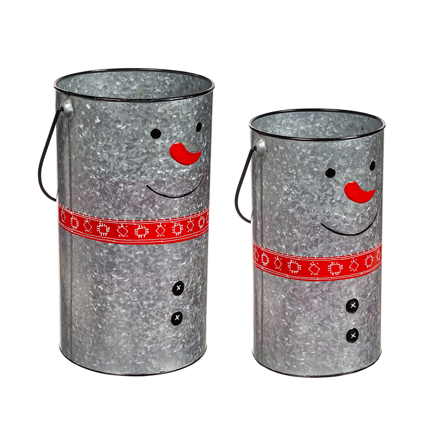 Evergreen Garden Set of 2 Galvanized Metal Snowman Planters with Scarf - Winter Outdoor Decor for Porch, Patio & Yard