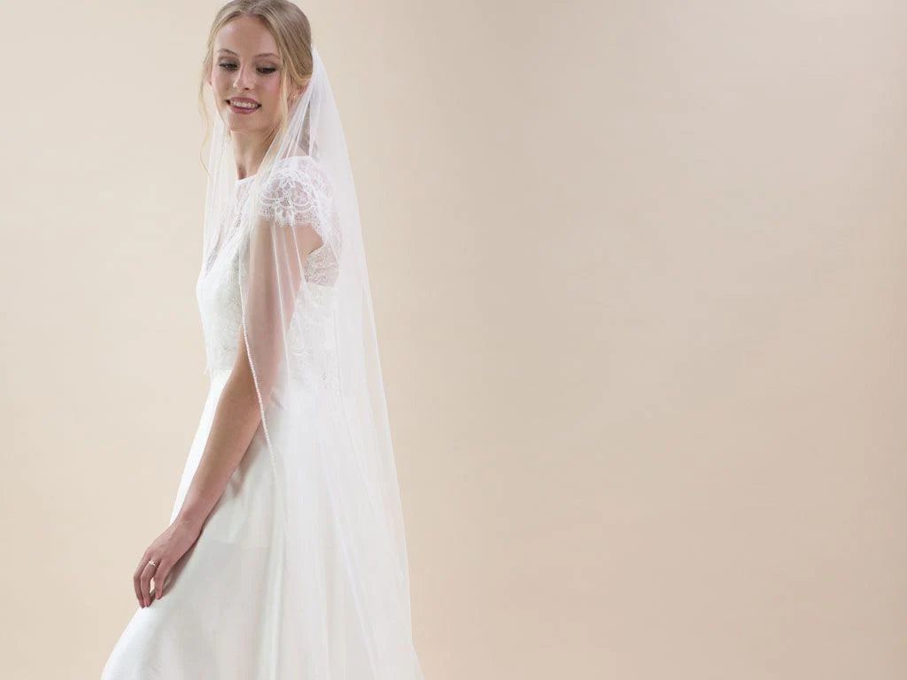 Elegant Pearl Edge Chapel Length Wedding Veil with Floral Design - Perfect for Bridal Ceremonies, Photos & Special Occasions