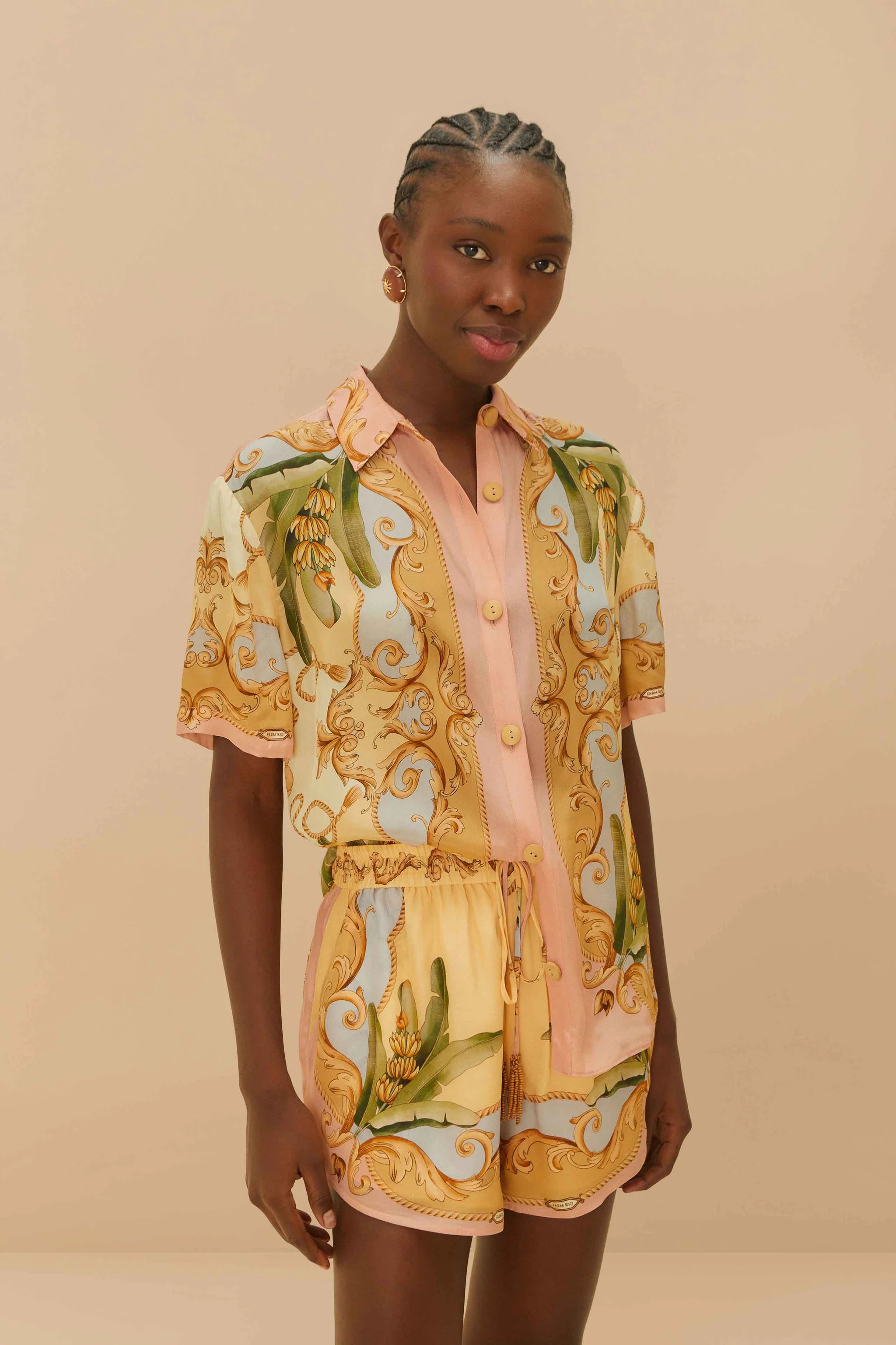 Farm Rio Banana Royalty Shirt - Women's Tropical Print Blouse for Summer Vacations & Beach Getaways