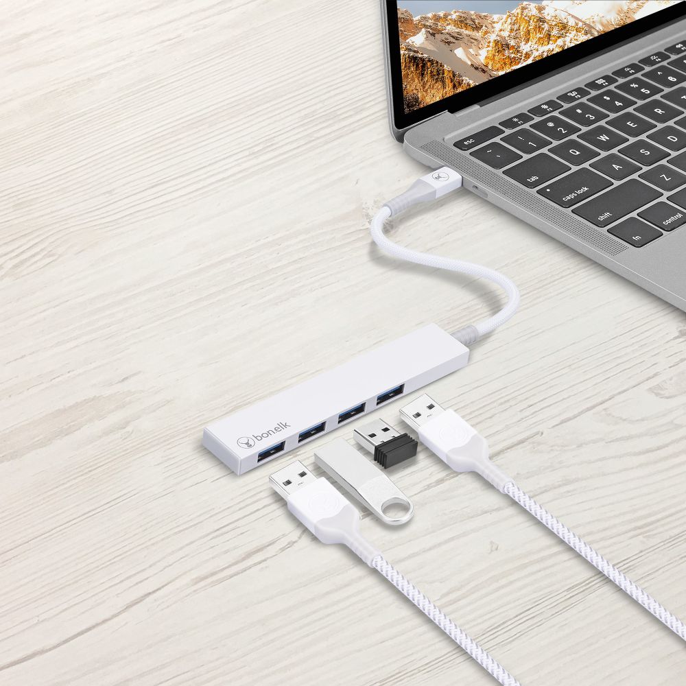 Bonelk 4-Port USB 3.0 Hub with USB-C Connector - Ultra Slim Portable USB Splitter for Laptop, PC, MacBook - Fast Data Transfer & Charging Station for Office, Home, Travel Use