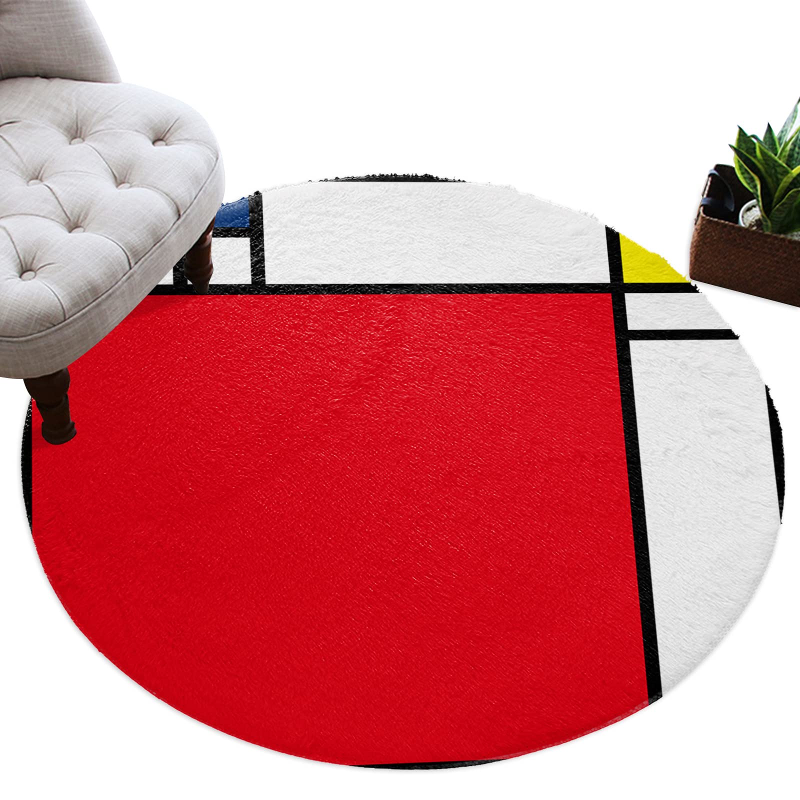 Soft Fluffy Round Area Rug 3.3ft - Color Block Plush Shaggy Carpet for Living Room, Bedroom & Nursery | Modern Red Yellow Blue Circular Fuzzy Accent Floor Mat | Home Decor, Kids Play Area, Yoga Space