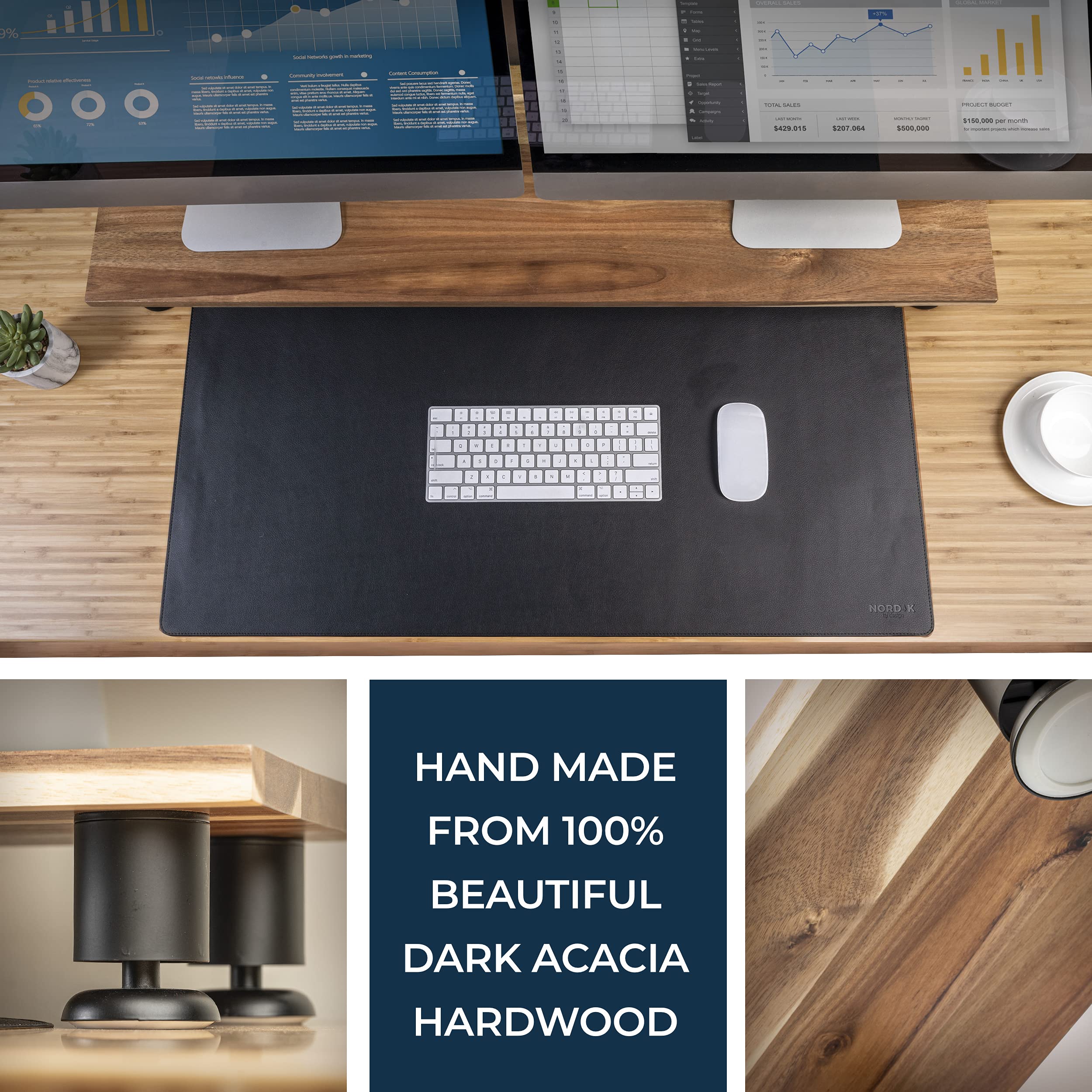 Premium Nordik Large Dual Monitor Riser for 2 - Handmade Acacia Hardwood Computer & Laptop Stand with Storage - Desk Organizer for TV, Monitors & Office Accessories - Perfect for Home Office & Gaming Setup