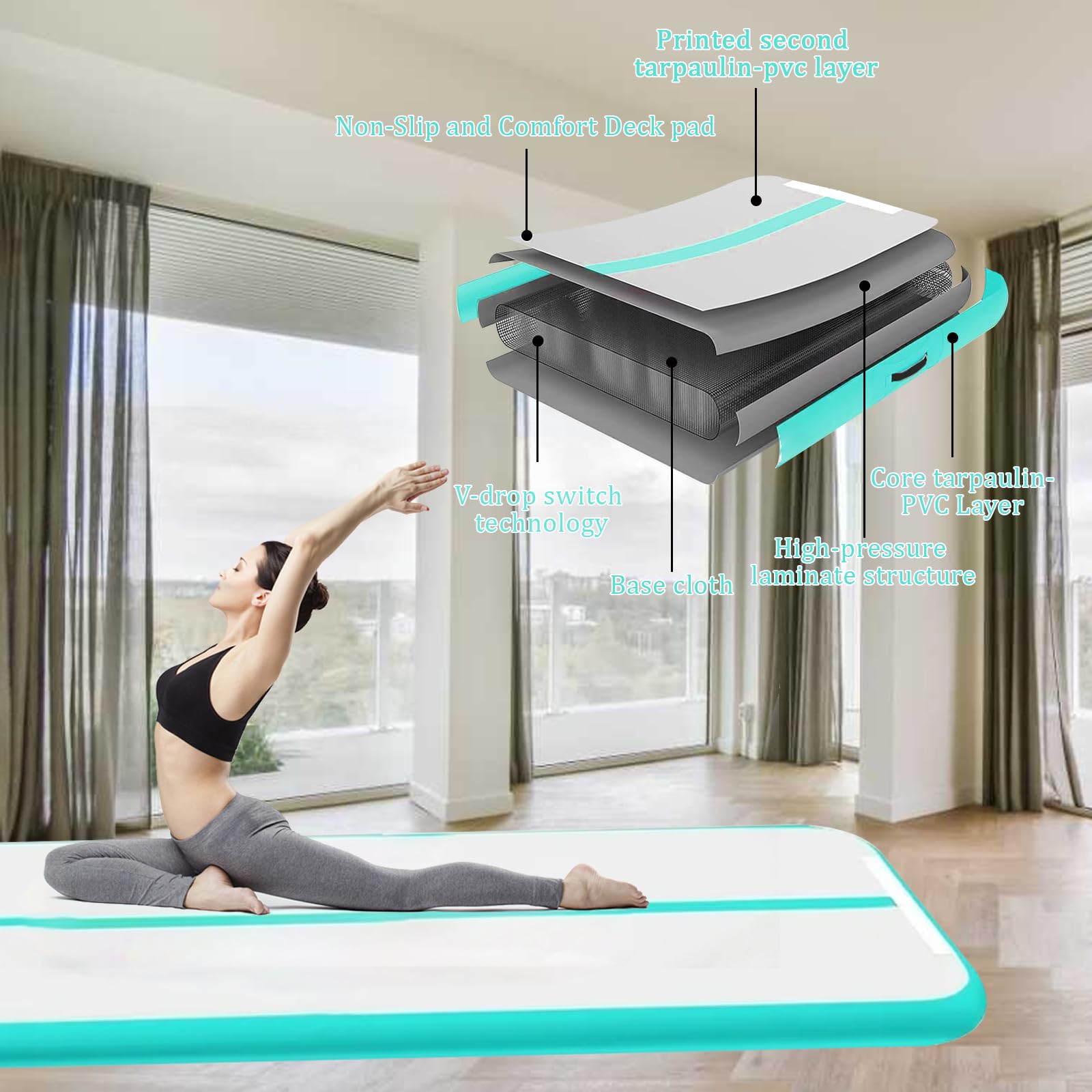 Inflatable Air Gymnastics Mat - 6.6ft/10ft/13ft/16ft/20ft Tumbling Mat with Air Pump - Training Mats for Gym, Yoga, Cheerleading & Water Gymnastics - Perfect for Home Workouts, Kids Play & Professional Training