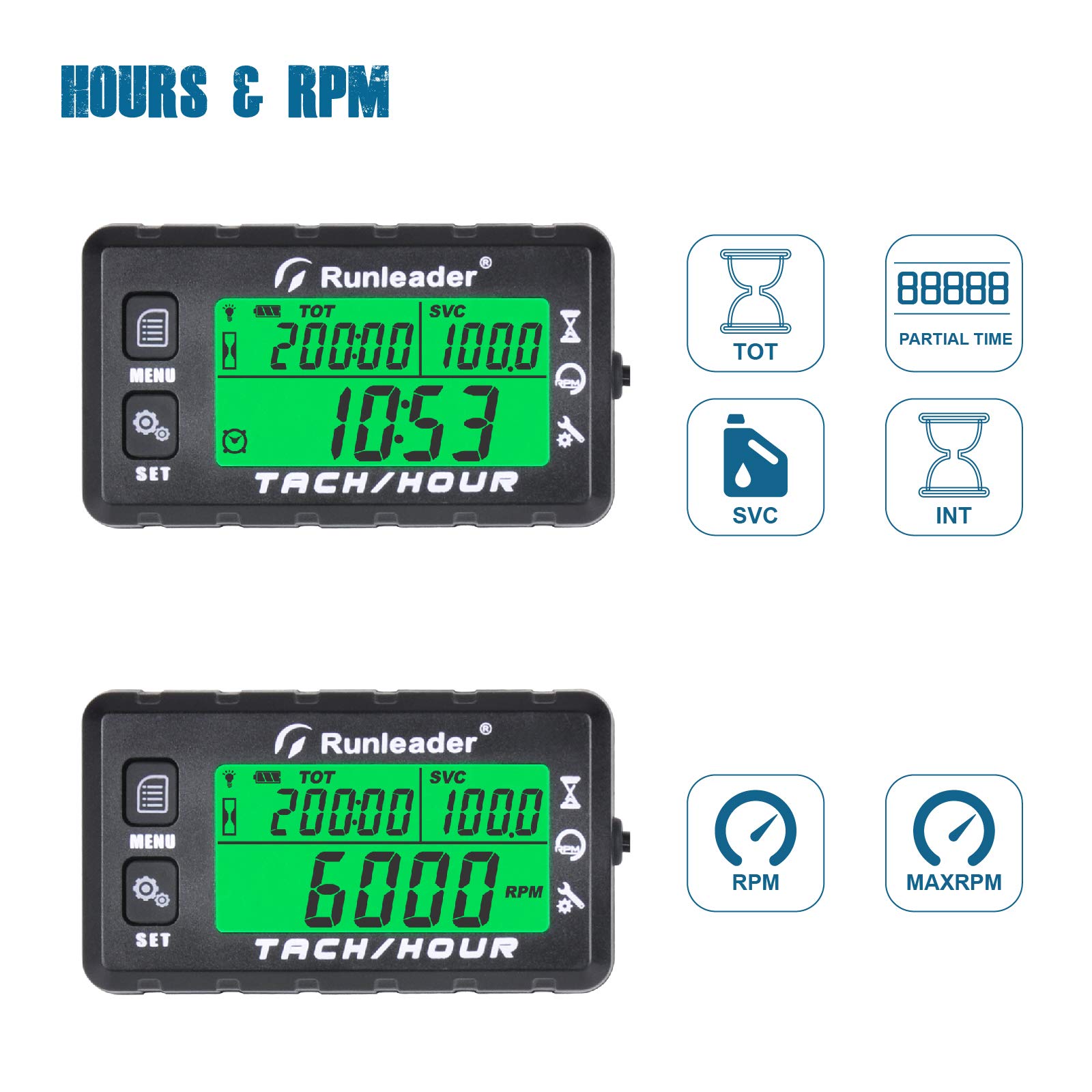 Runleader Hour Meter Tachometer with Maintenance Alert - Digital RPM Counter, Adjustable Initial Hours, Replaceable Battery - Perfect for Lawn Mowers, Generators, Marine Engines, ATVs & Gas Powered Equipment | Track Usage & Schedule Maintenance