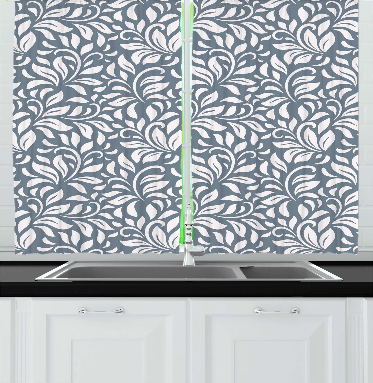 Ambesonne Abstract Long Kitchen Curtains - Victorian Style Floral Design, Pastel Cadet Blue & White, 55