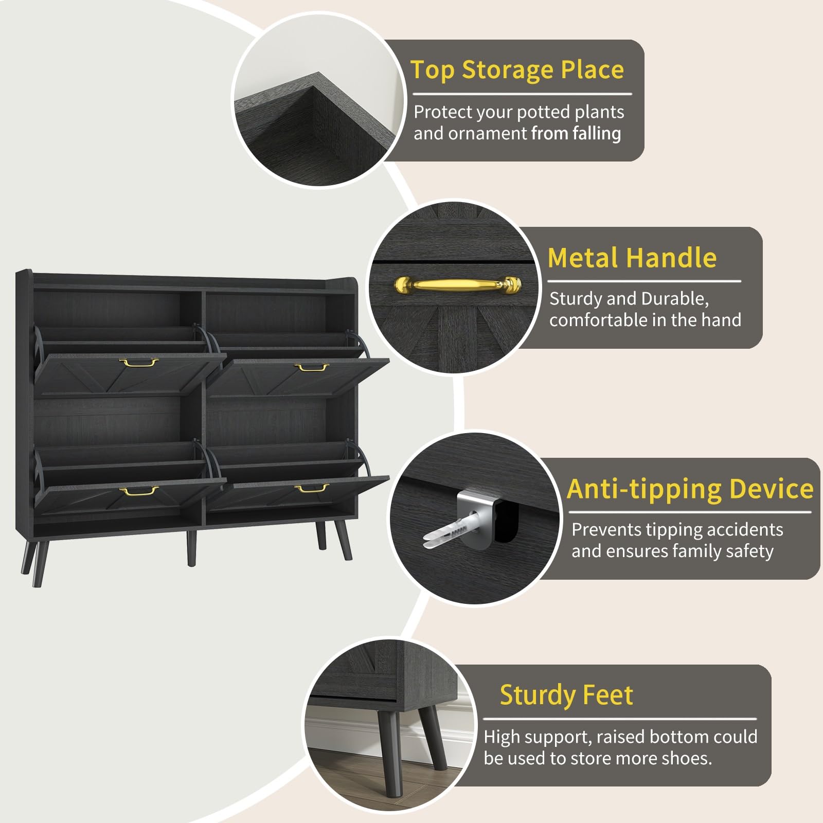 4-Tier Flip-Drawer Shoe Storage Cabinet - Slim Space-Saving Entryway Shoe Organizer for Hallway & Closet | Black Narrow Shoe Rack for Small Spaces | Perfect for Apartments, Dorms & Mudrooms
