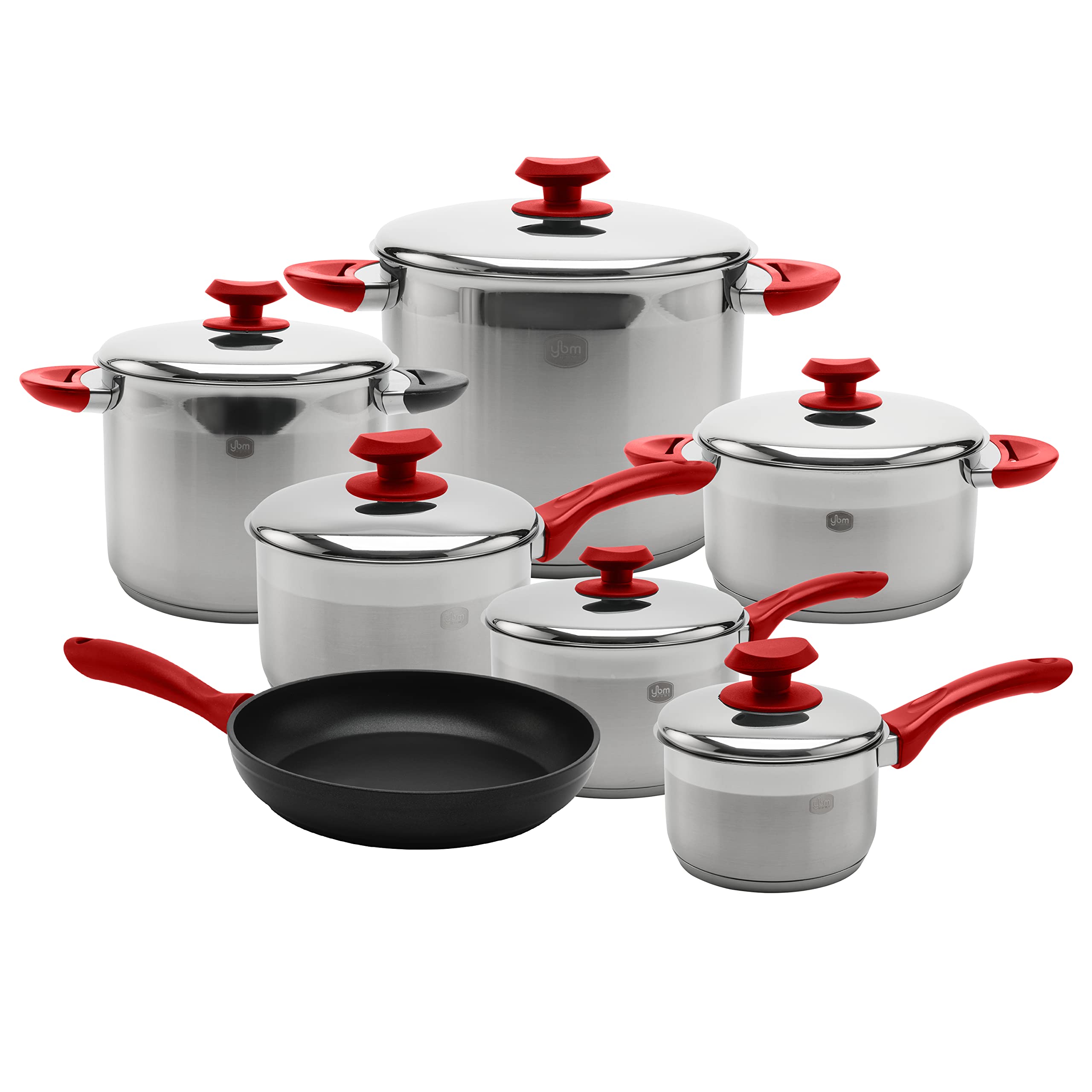 YBM HOME 13-Piece Stainless Steel Cookware Set with Aluminum Frying Pan - Professional Mirror Silver Induction Compatible Pots & Pans (1qt, 2.5qt, 3.5qt, 5qt, 7qt, 9qt) - Perfect for Home Cooking, Restaurant Use & Gift Giving