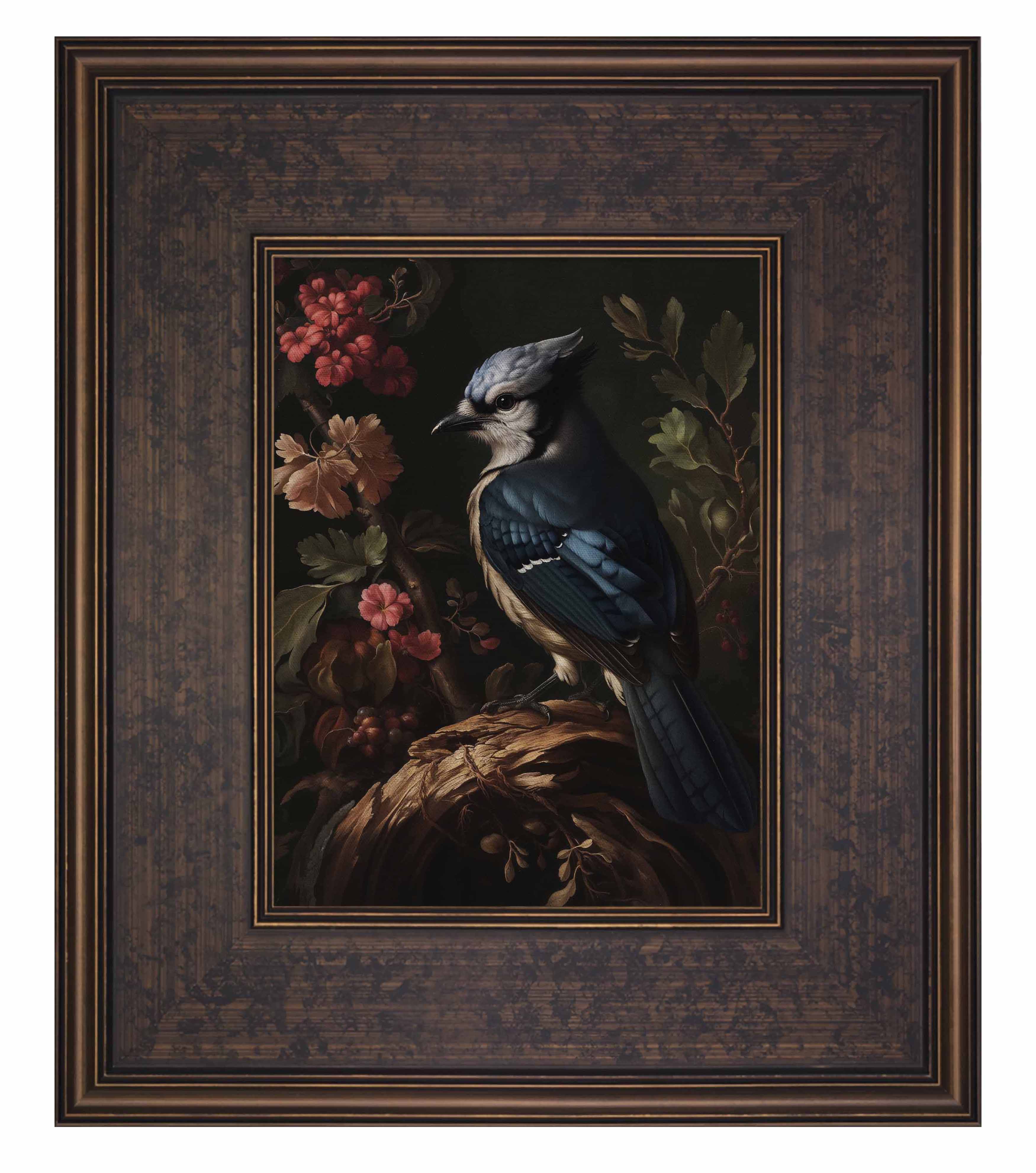 Blue Jay Among Flowers - Limited Edition Elegant Canvas Wall Art for Home & Office Decor | Nature-Inspired Painting for Living Room, Bedroom, or Gift