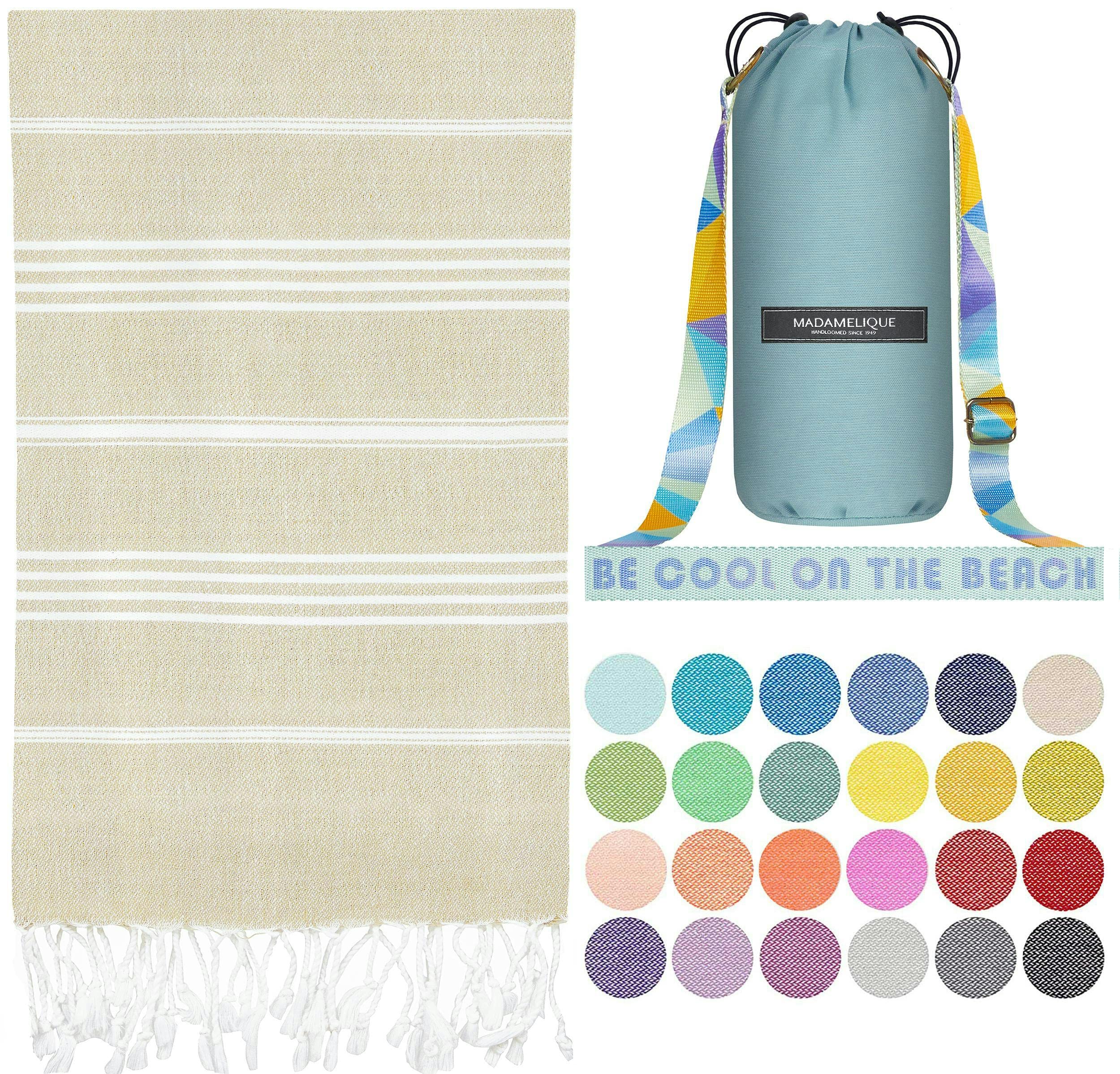 Premium Turkish Beach Towel with Free Beach Bag - 39x74 Inch Oversized, 100% Cotton, Quick Dry, Sand-Free, Hand-Loomed - Luxury Bath & Pool Towel for Vacation, Spa, Yoga, Beach Day (Beige)