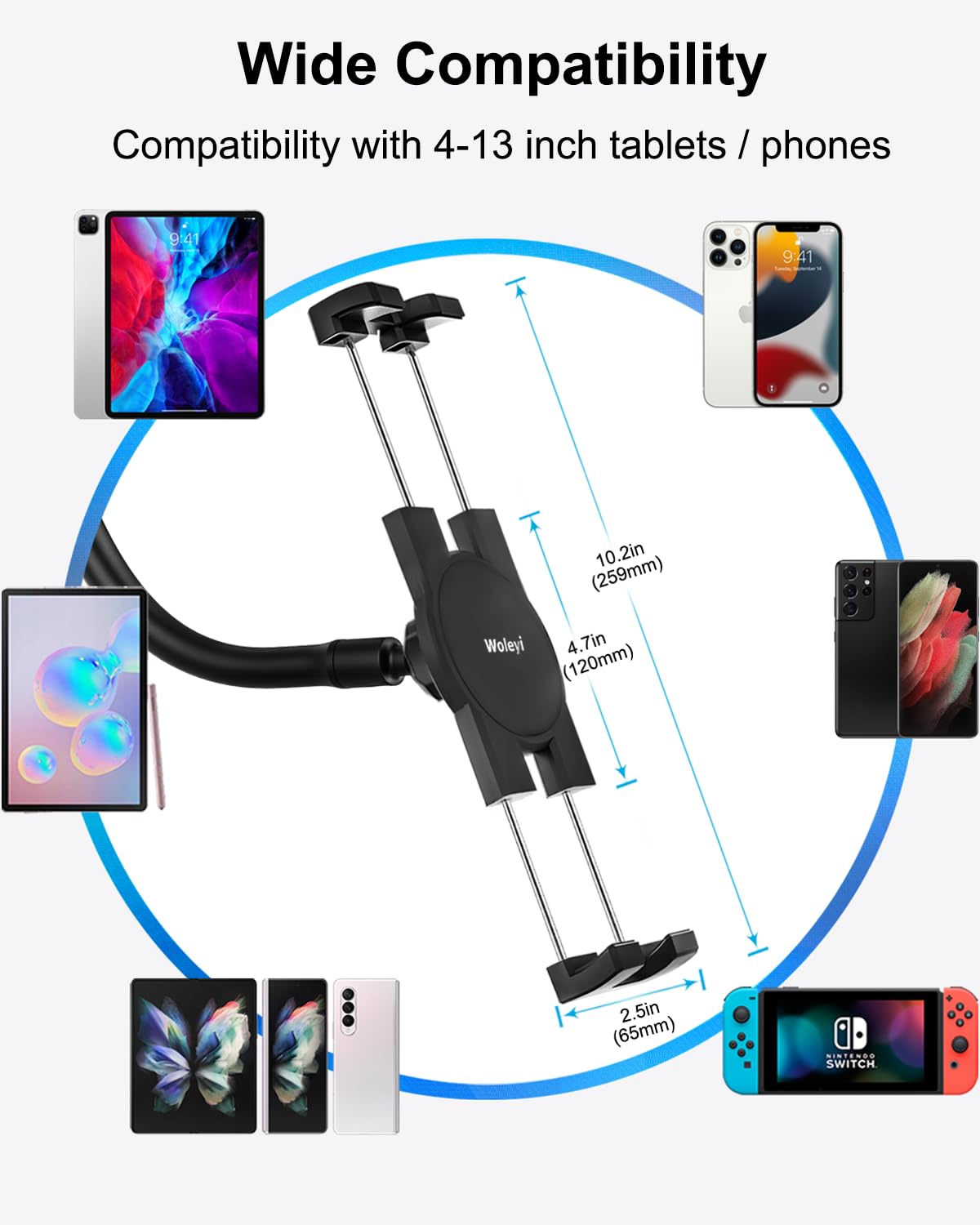 Woleyi Long Arm Car Windshield Tablet Mount - Super Suction & Stable Dashboard Holder for iPad Pro/Air/Mini, Galaxy Tabs, Smartphones (4.7-13 Inch) - Perfect for GPS Navigation, Streaming & Hands-Free Driving