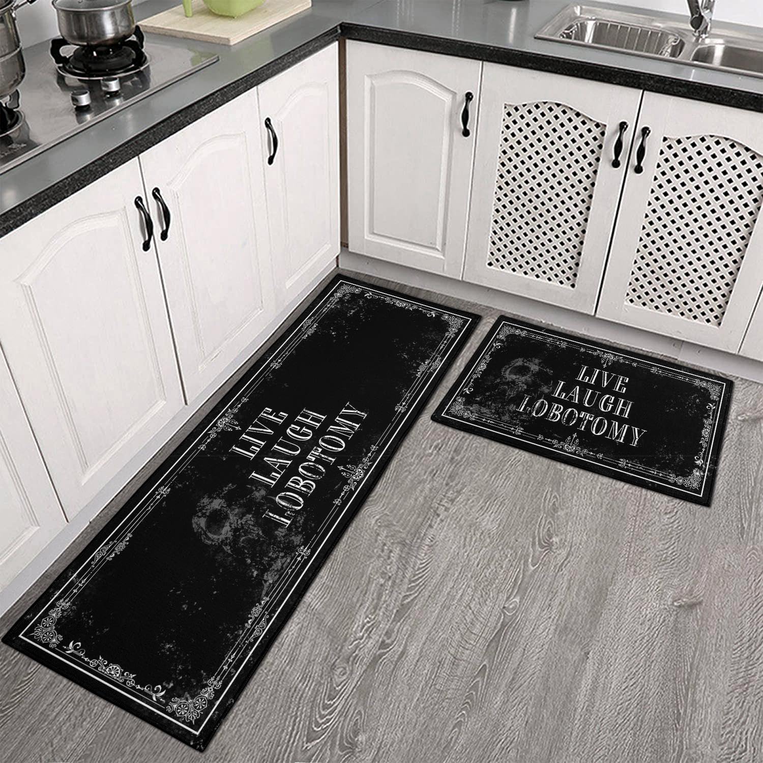 Goth Kitchen Mat Set of 2 - Non-Slip Halloween Kitchen Rugs with Skull & Witch Design - Black Gothic Decor for Home - Perfect for Halloween Parties, Spooky Kitchen Decor & Gothic Home Accessories