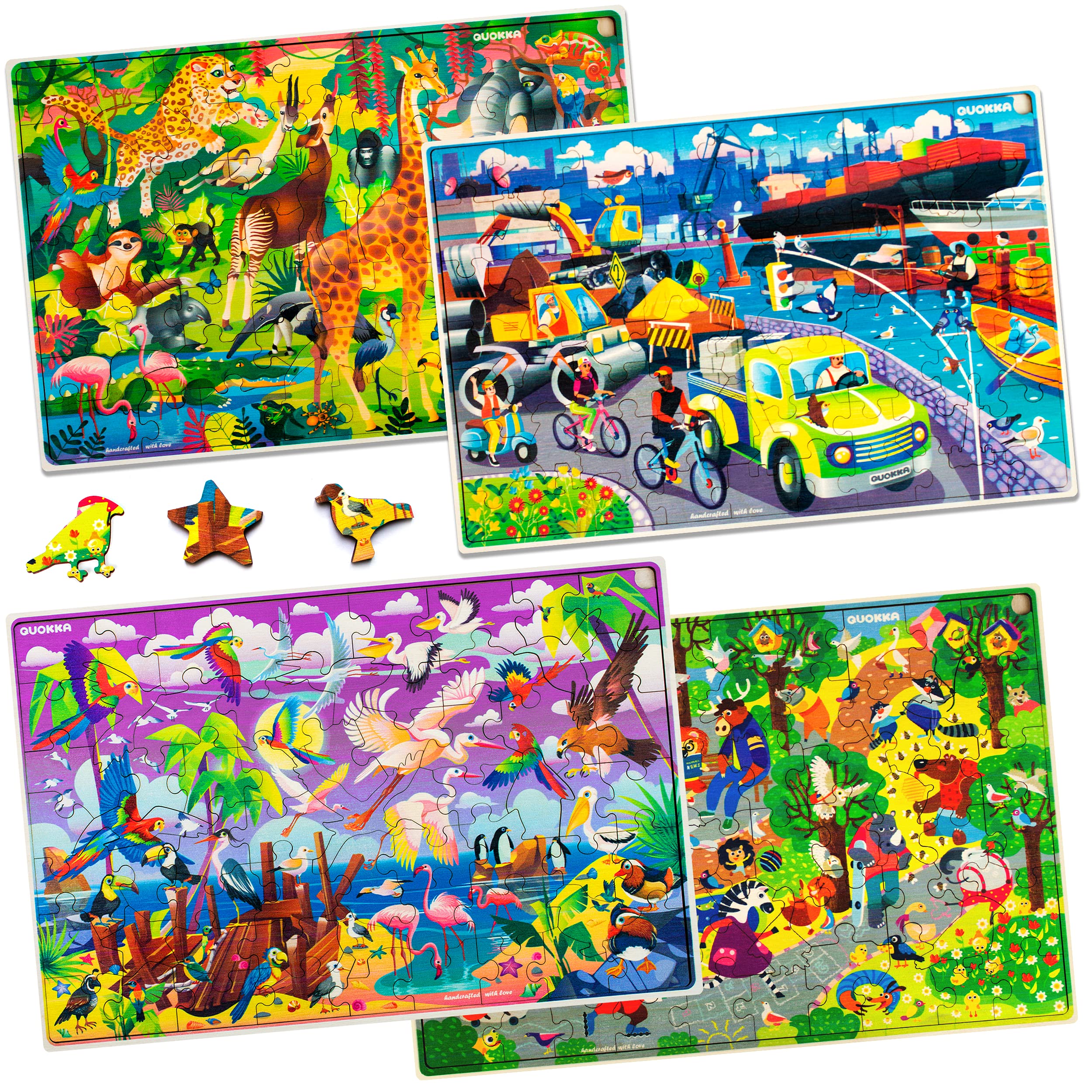QUOKKA Wooden Puzzles for Kids Ages 3-8 - 4 Pack 60-Piece Toddler Learning Toys with Cars, Ships & Animals - Educational Wooden Games for Boys & Girls - Perfect for Preschool Learning, Birthday Gifts & Family Game Night