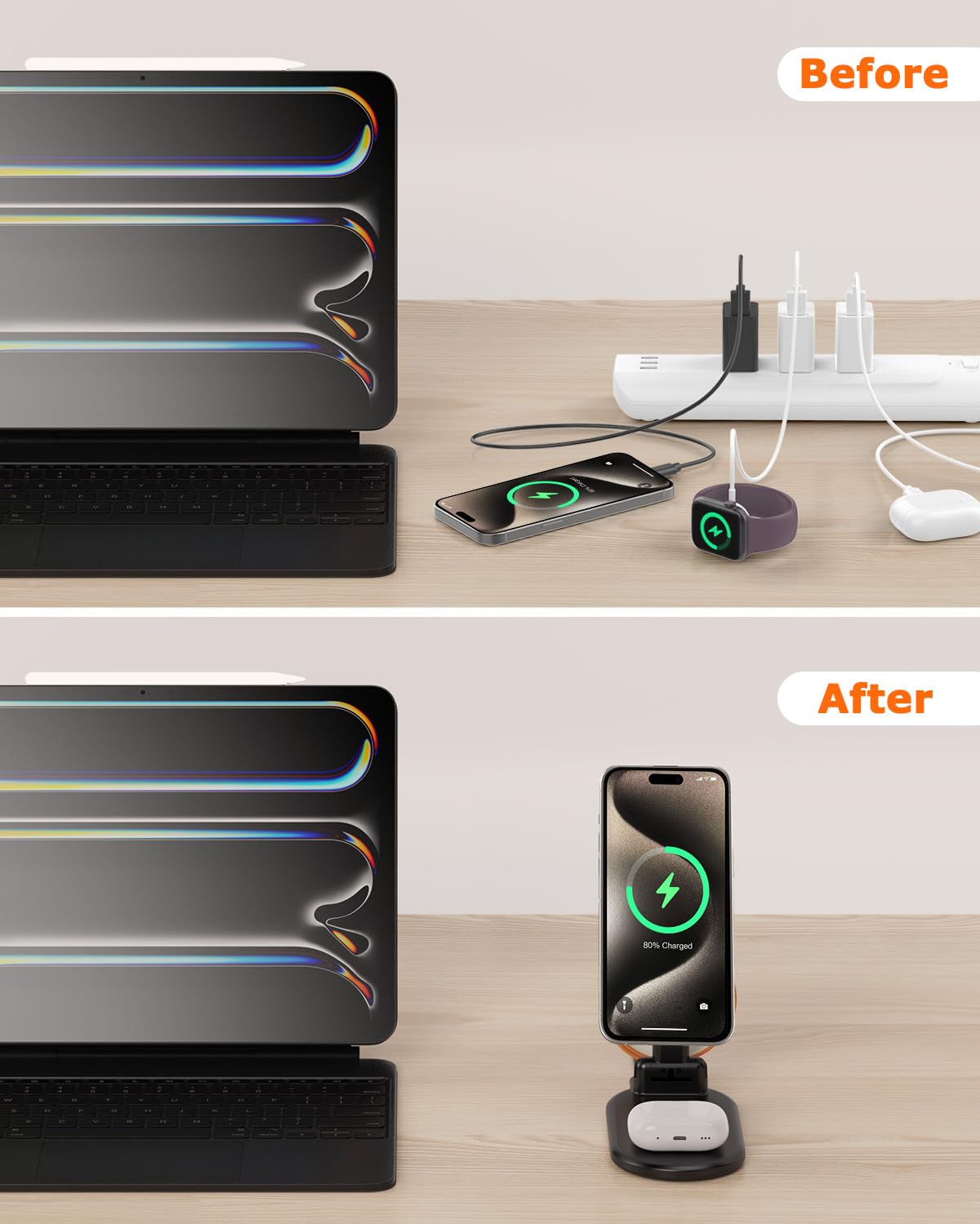 3-in-1 Magnetic Wireless Charging Station with MagSafe - 15W Fast Foldable Charger for iPhone 16/15/14/13/12, Apple Watch & AirPods - Portable Travel Charger for Home, Office & Car (Black)