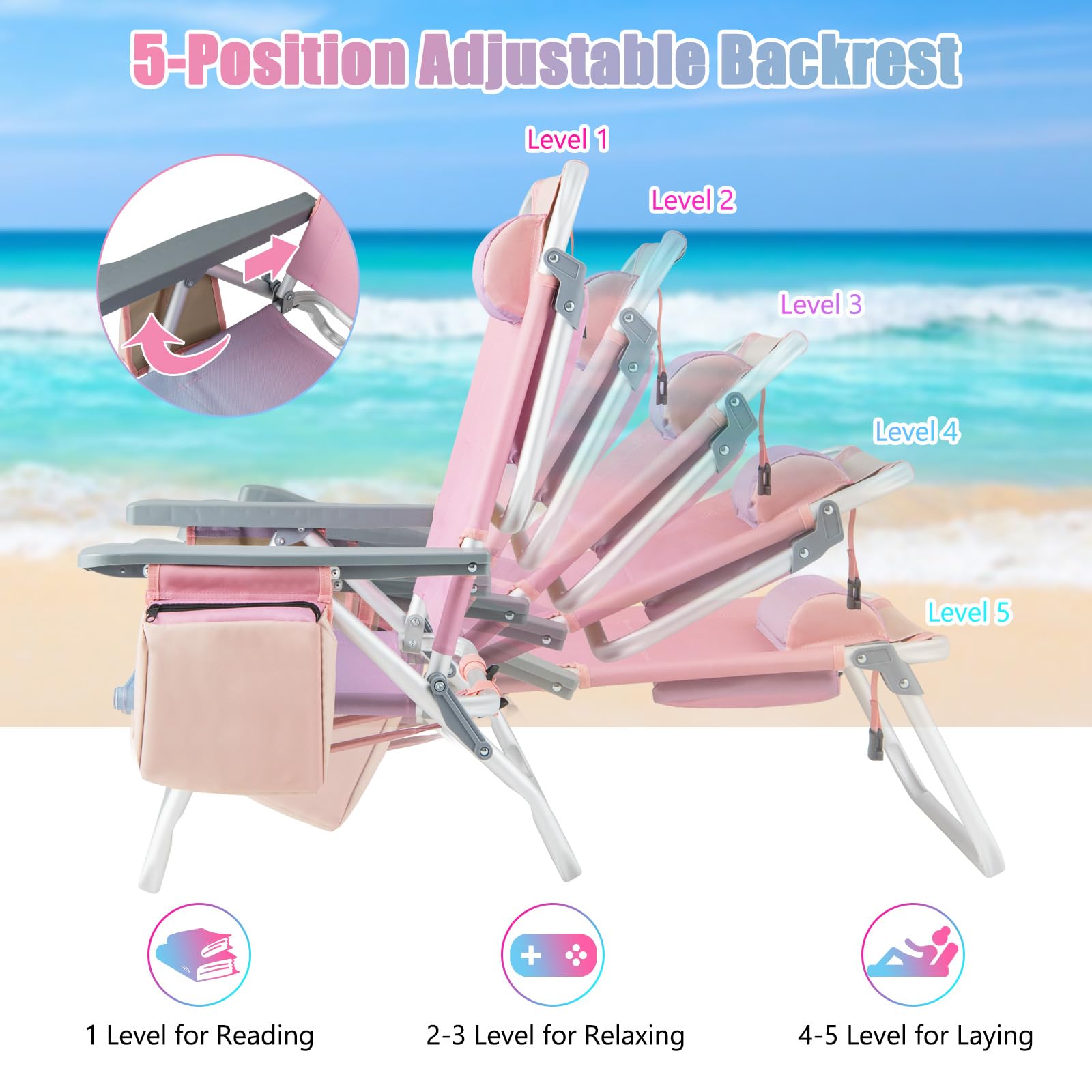 GYMAX 2-Pack Portable Beach Chairs with Cooler Bag & Cup Holder - Lightweight Folding Camping Chairs with Armrests, Towel Bar & Side Pockets for Outdoor, Backyard, Pool Party, Beach Sunbathing (Pink)