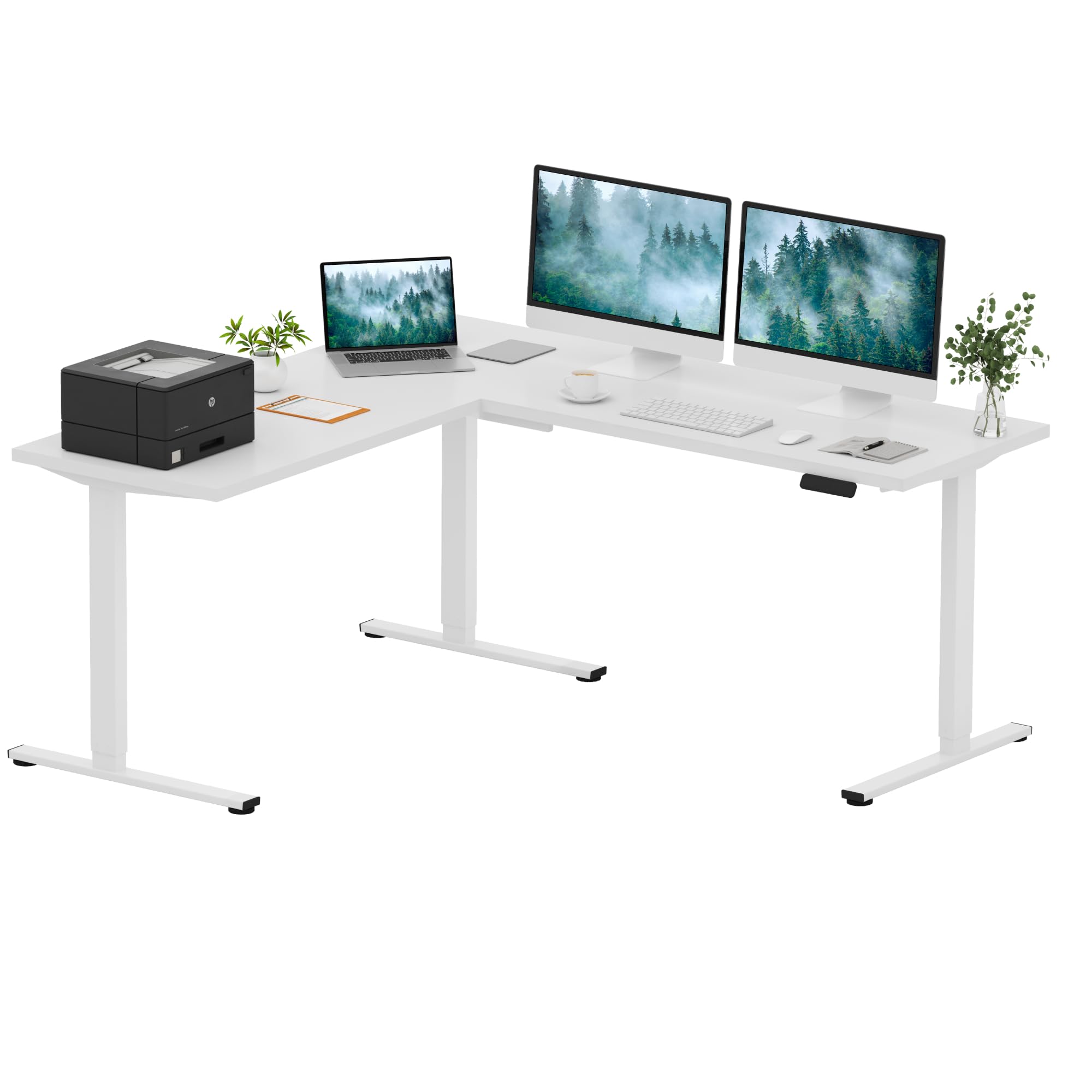 SANODESK Electric L-Shaped Standing Desk with Adjustable Height - 71 x 63 Inch Corner Computer Desk with Splice Board, White - Perfect for Home Office, Gaming Setup & Workspace Ergonomics