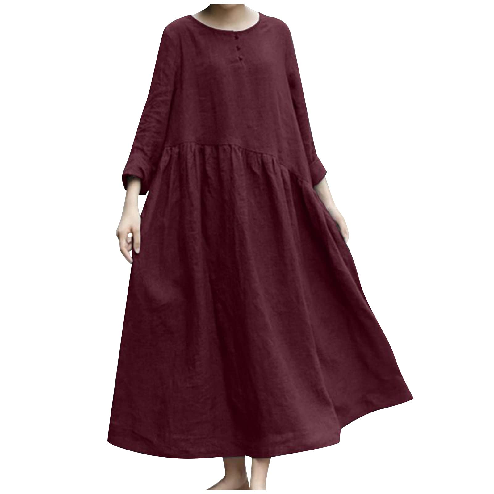 Women's Loose Fit Solid Color Cotton Linen Dress - Irregular Stitching O-Neck Long Sleeve Midi Swing Dress for Casual Wear, Office & Summer Outfits