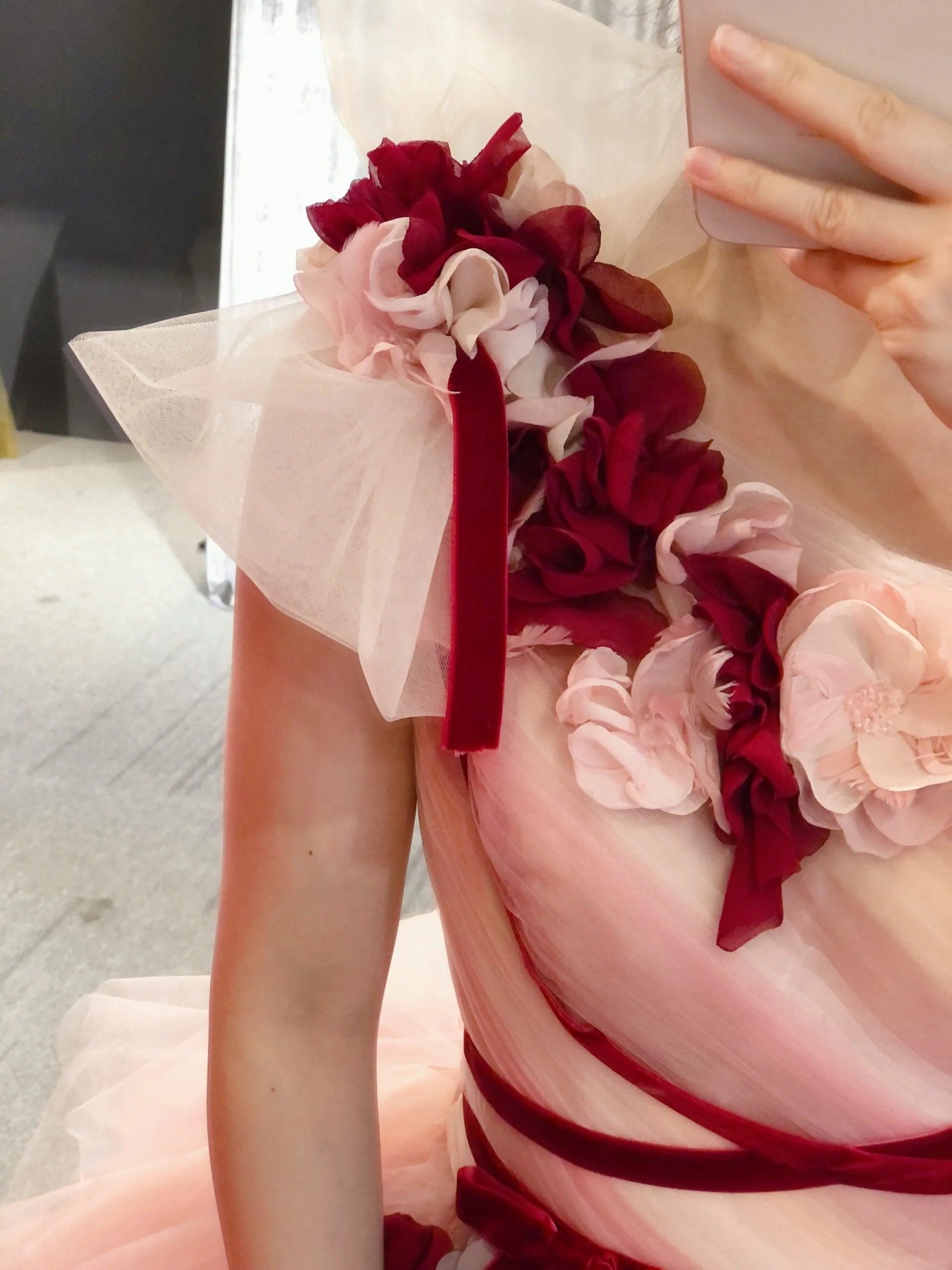 Elegant Pink One Shoulder Evening Gown - Custom Made Floor Length Dress with Handmade Floral Details | High Quality Formal Wear for Prom, Wedding, and Special Occasions