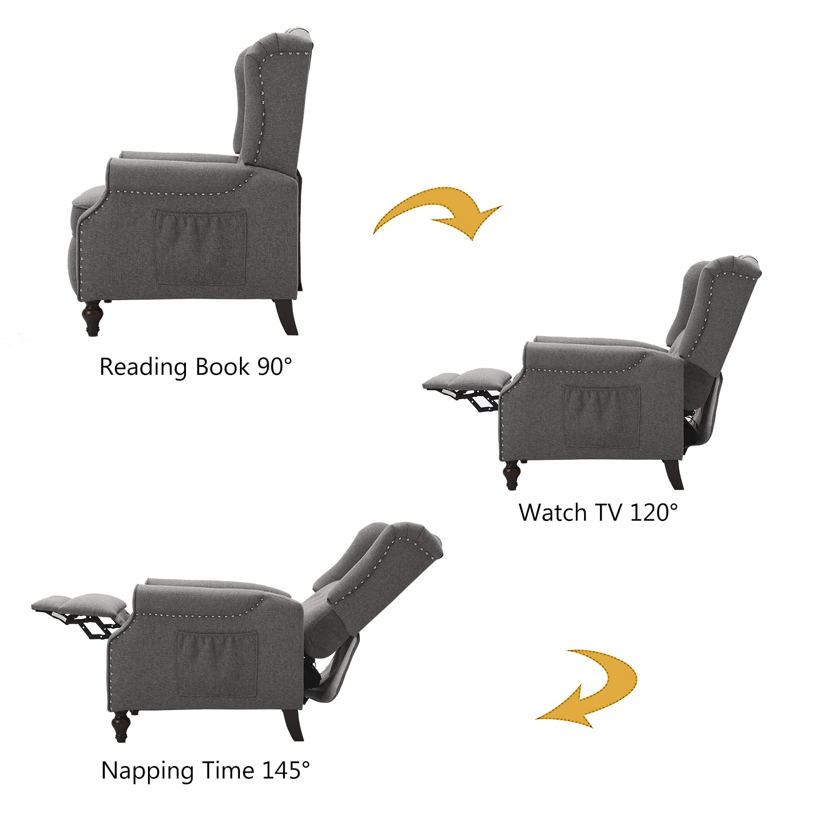 Elizabeth Tufted Wingback Recliner Chair with Massage & Heat - Mid-Century Modern Upholstered Club Chair with Side Pockets - Comfortable Living Room Recliner for Relaxation & Home Theater (Light Grey)