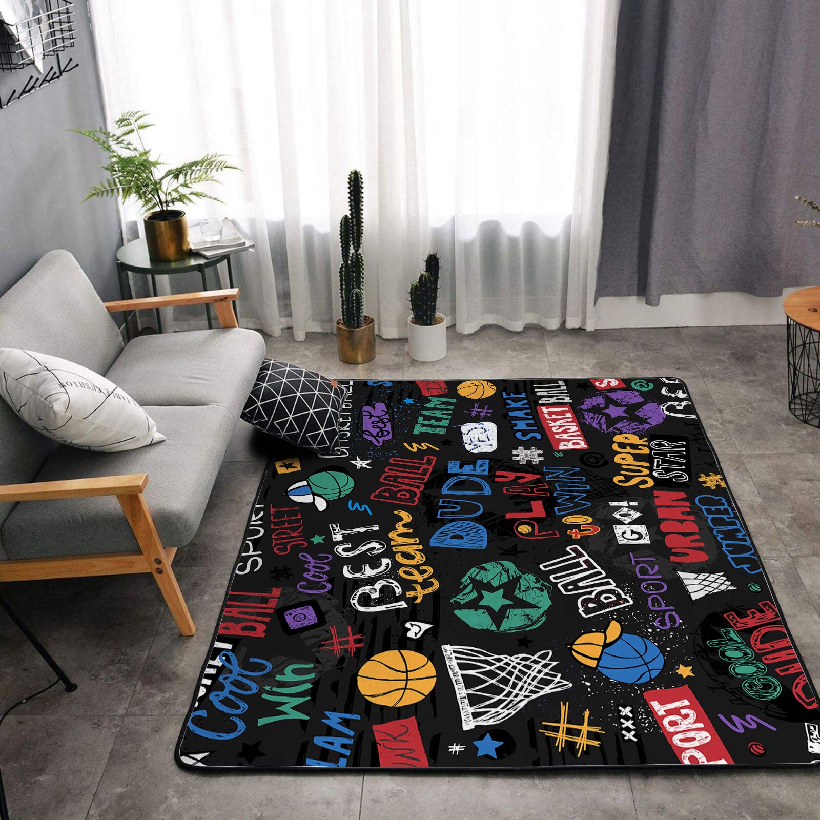 Non-Slip Washable Sponge Rug Pad - Super Soft Extra Thick Floor Mat for Kids Bedroom, Living Room, Bathroom & Dorm | Cartoon Basketball Design for Boys & Girls | Perfect for Playrooms, Game Rooms & Indoor Sports Areas