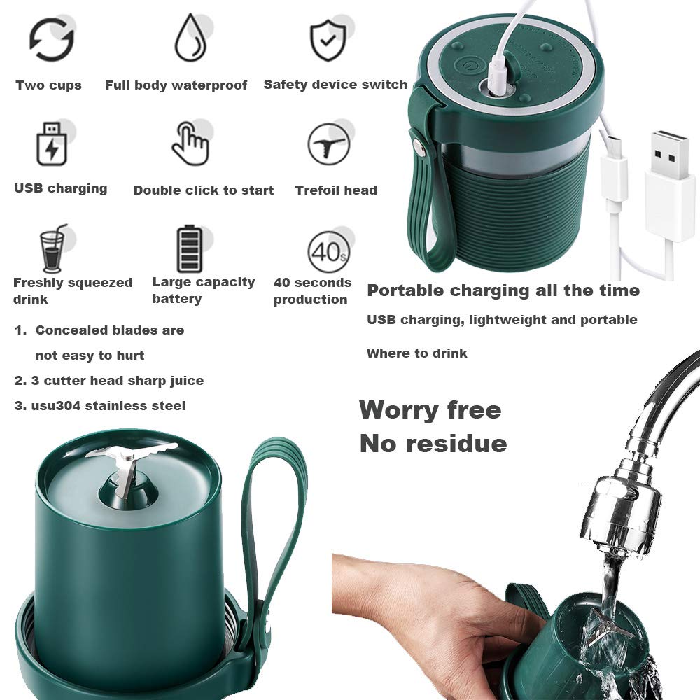 Portable USB Rechargeable Cordless Blender - 320ml Mini Personal Smoothie Maker & Juicer Cup, Waterproof Fruit Mixer for Home, Office, Travel, Gym, Camping & Outdoor Activities (Green)