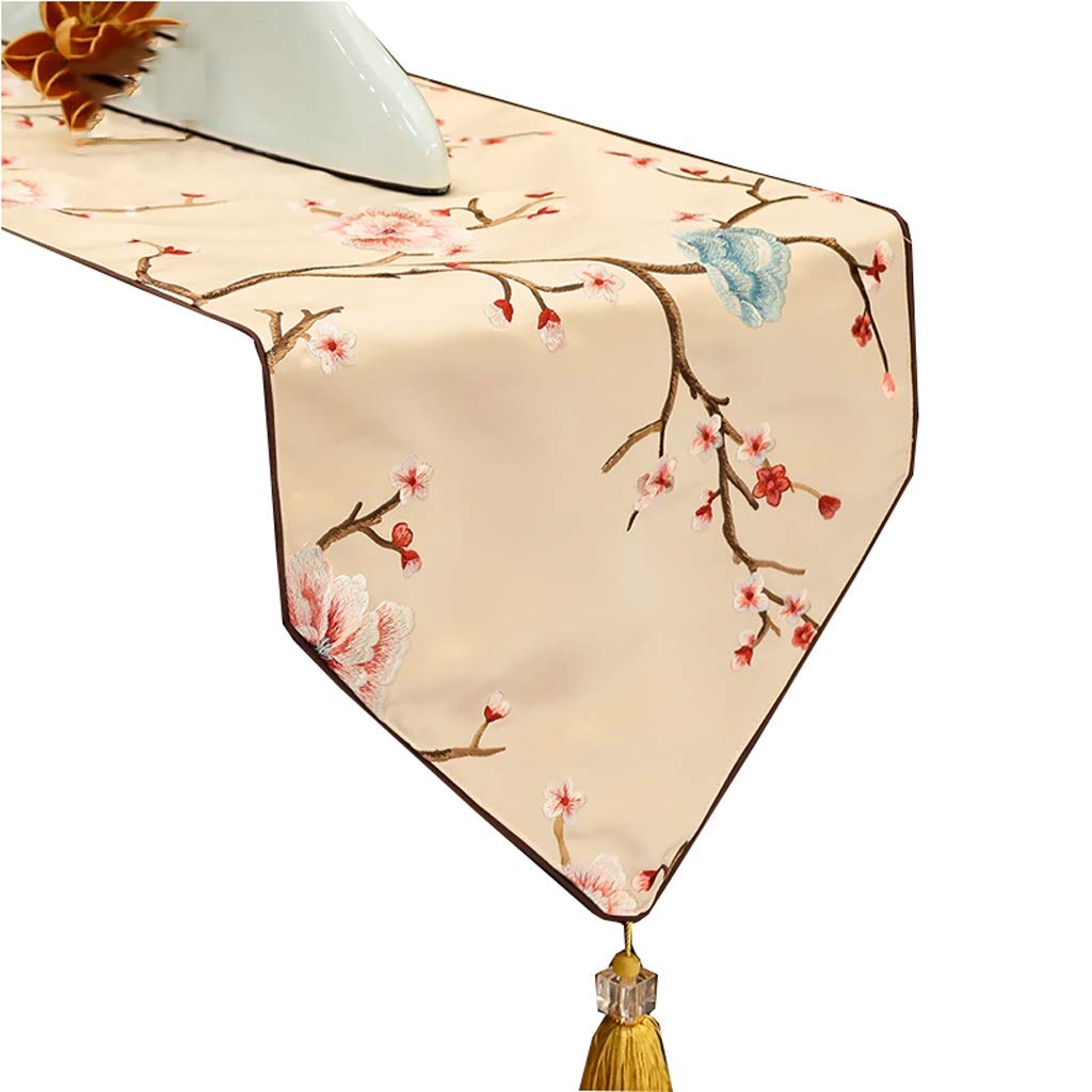 Premium Satin Table Runner with Embroidered Tassels - Washable & Stain-Proof Table Cover for Dining Room, Kitchen, Party Decor - 35x230cm Apricot - Perfect for Weddings, Holidays & Home Entertaining