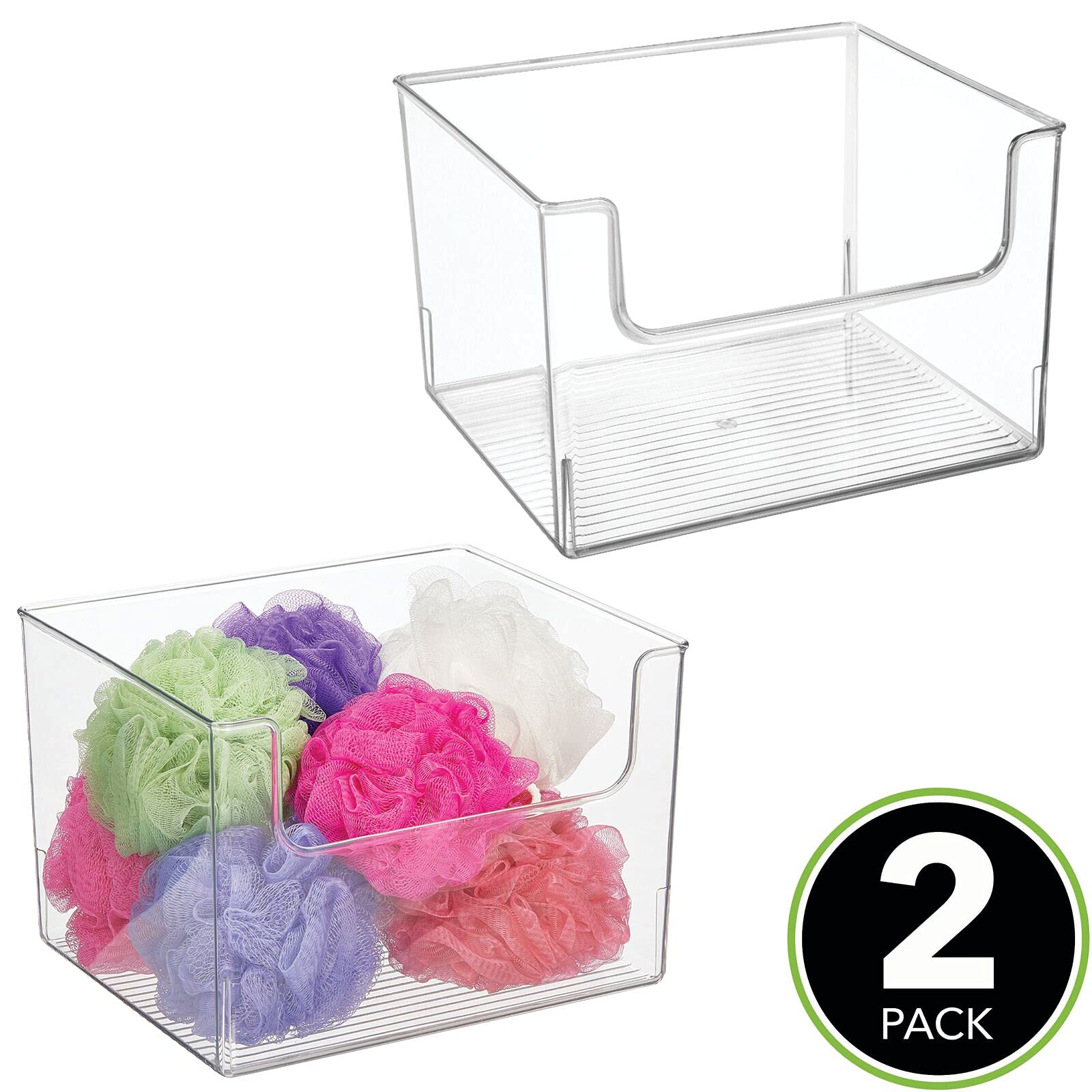 mDesign Modern Plastic Open Front Storage Organizer Bin Basket - 2 Pack Clear for Bathroom Vanity, Shelf, Cubby, Cabinet & Closet Organization - Perfect for Makeup, Toiletries & Small Item Storage - Ligne Collection